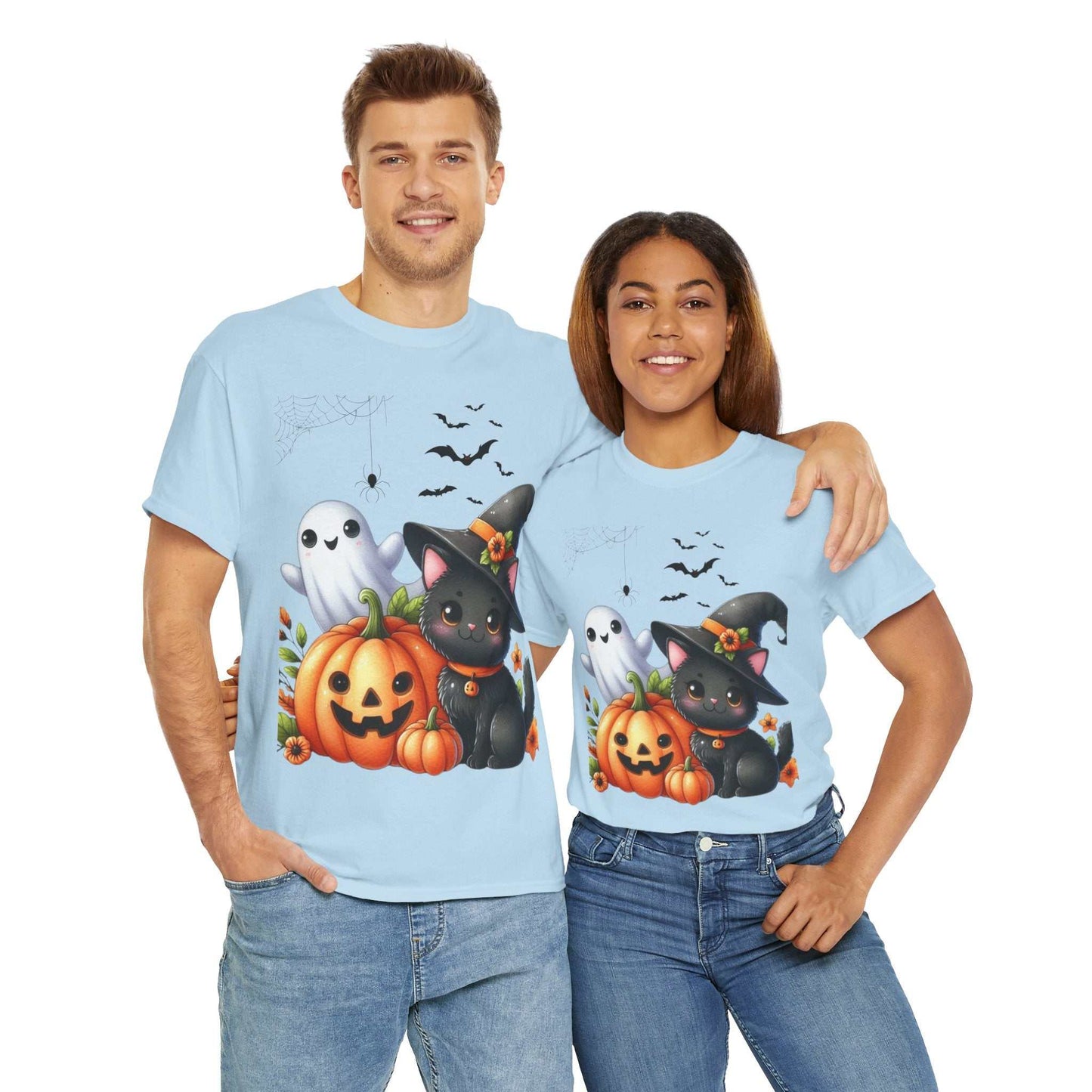Halloween Cat Kids Shirt featuring black cats, pumpkins, and ghosts on blue tees.
