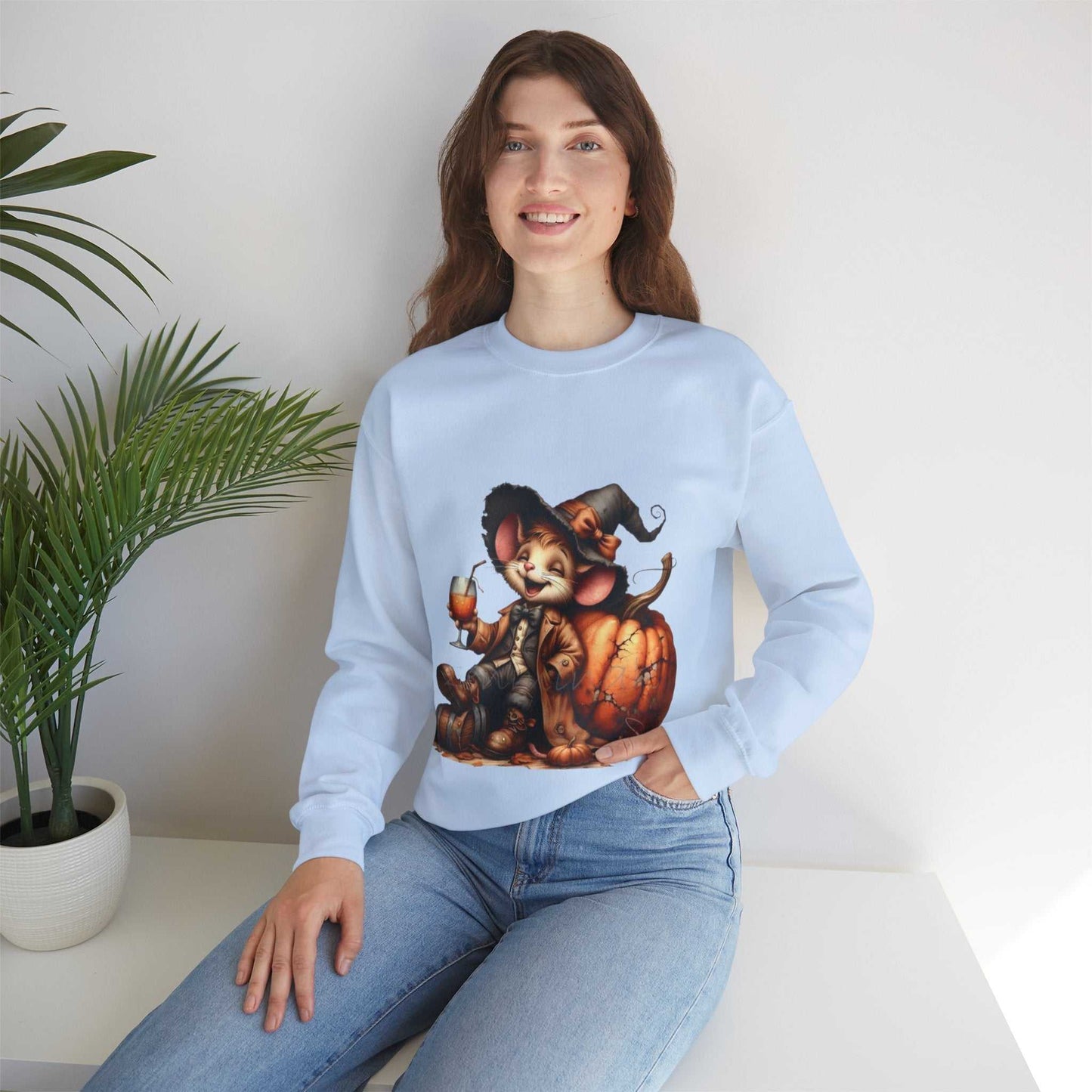 Funny Mouse Halloween Sweetshirt featuring cute mouse with pumpkin design, perfect for spooky season.
