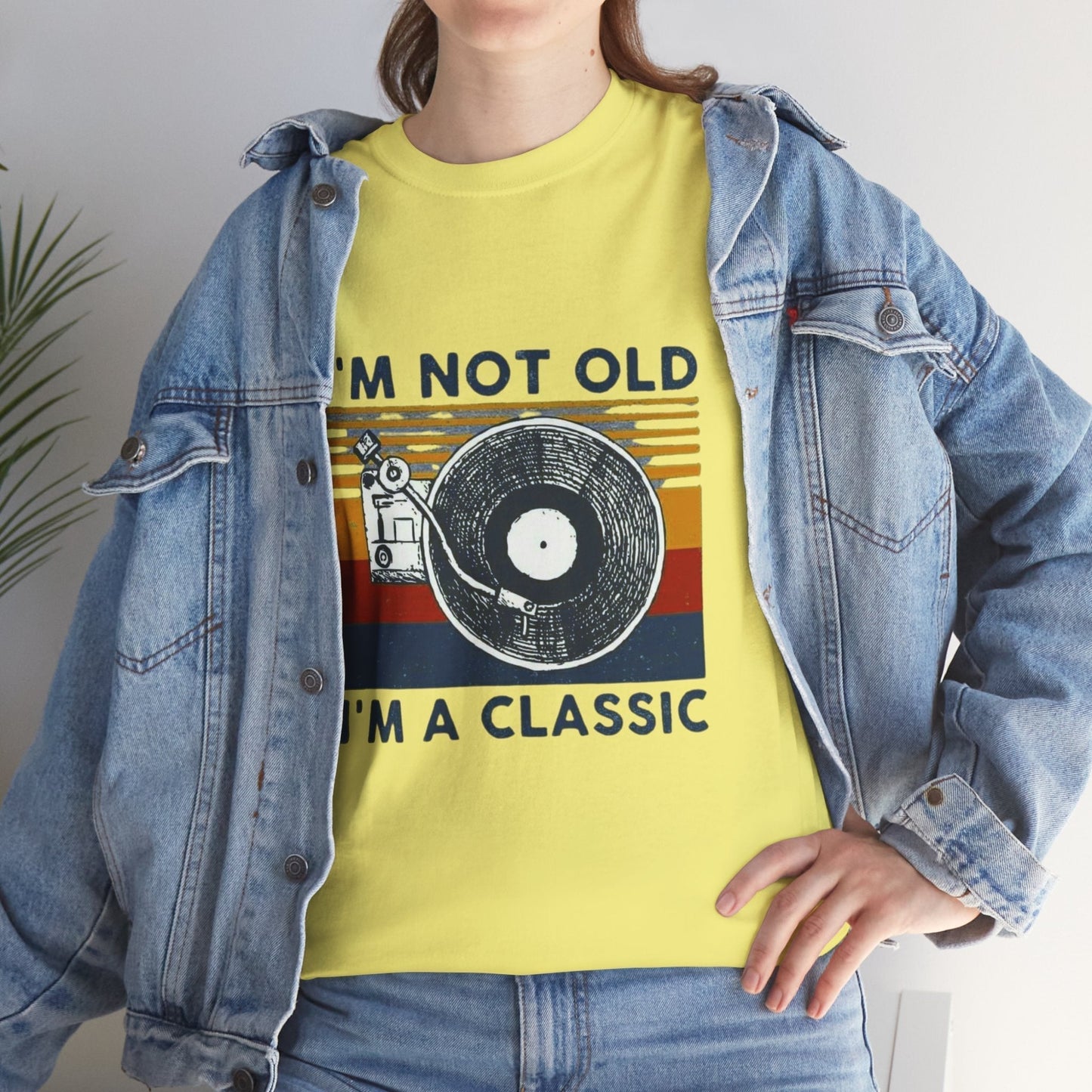 Unisex Retro Vinyl Record Tee with "I'm Not Old, I'm A Classic" message.