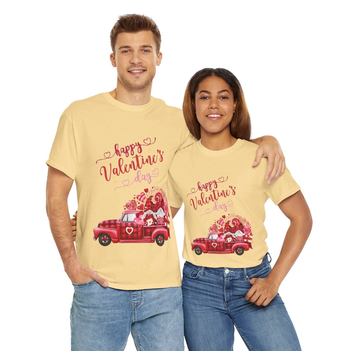 Valentines Day Truck Hearts T-Shirt featuring a vintage truck with hearts, worn by a smiling couple.