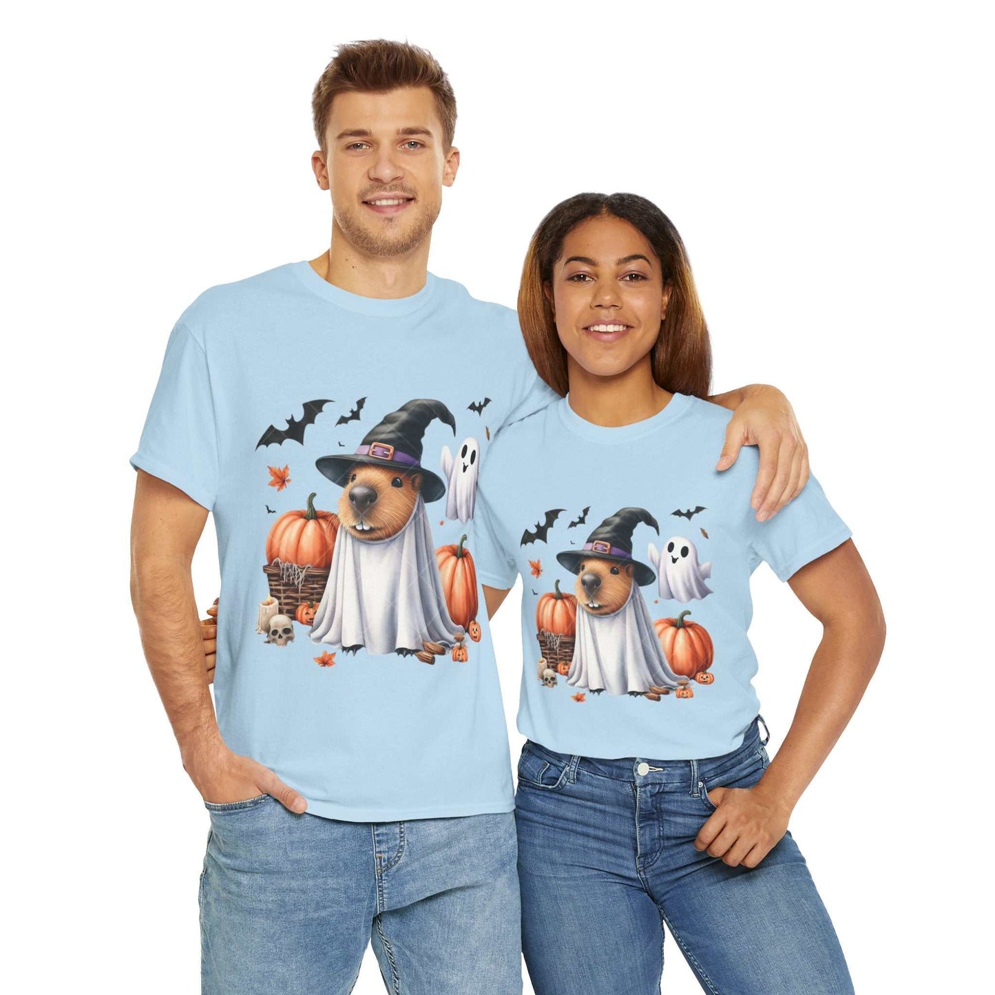 Halloween Capybara Shirt featuring a spooky capybara with pumpkins and ghosts, unisex heavy cotton tee.