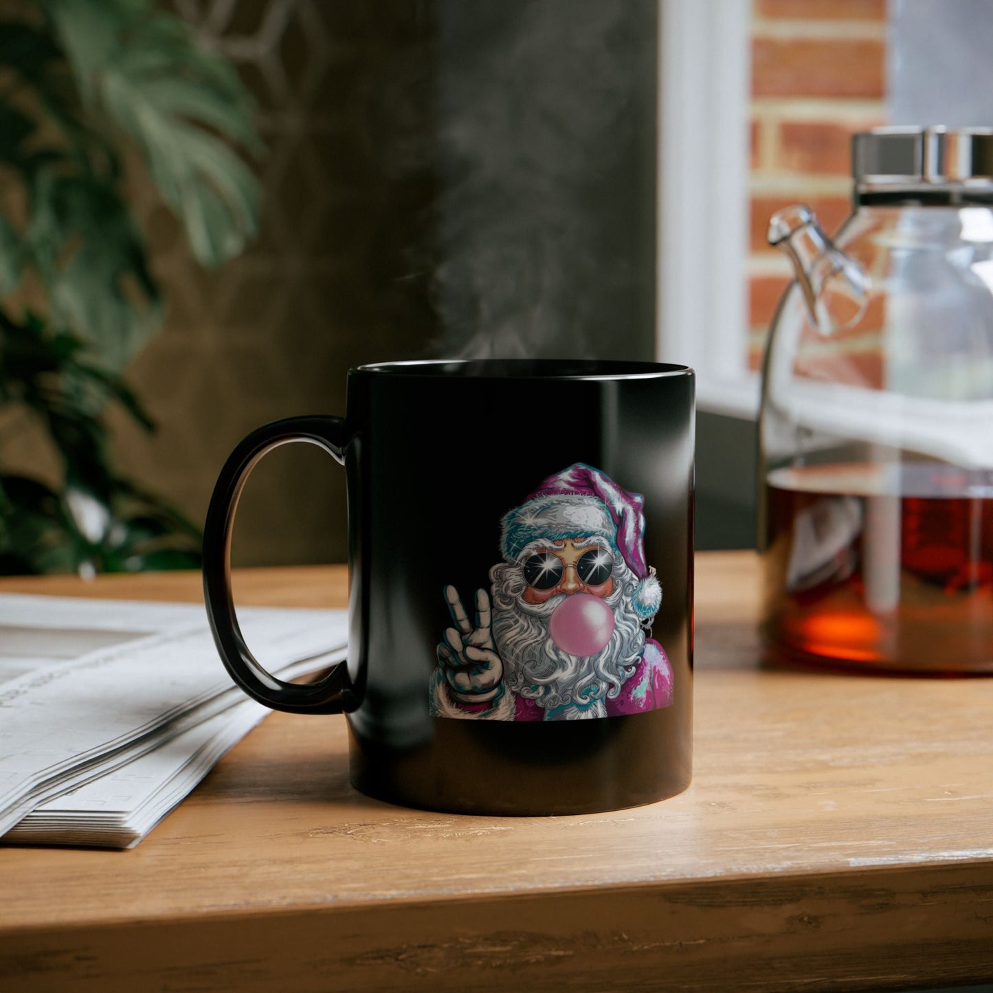 Santa Bubble Gum Christmas Mug on wooden table, featuring fun Santa design, perfect for holiday gift.