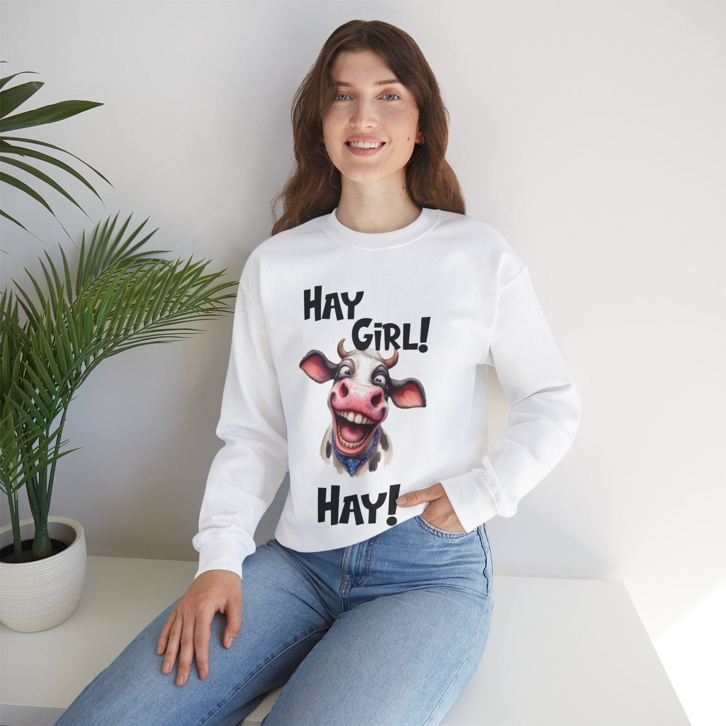 Unisex crewneck sweatshirt with funny cow graphic and "Hay Girl! Hay!" text.