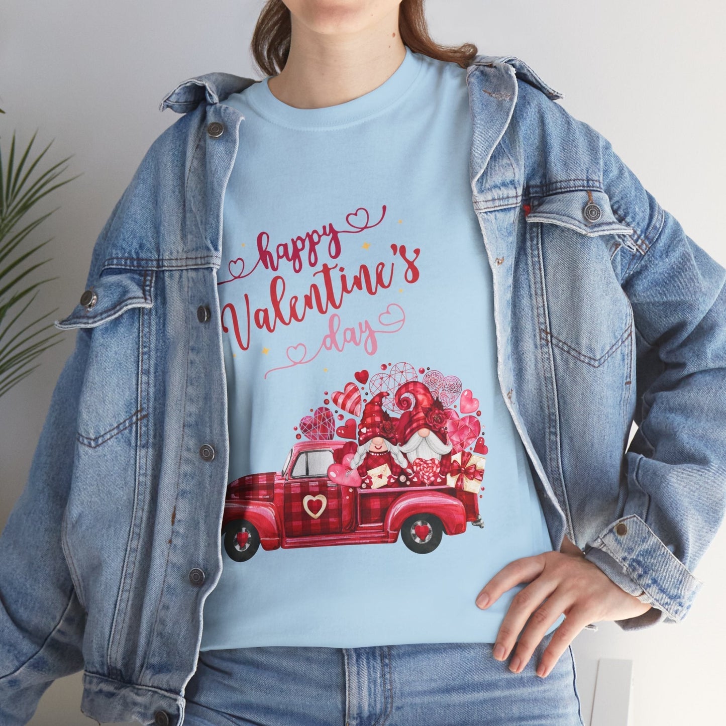 Cute vintage truck with hearts on a soft blue Valentine's Day T-shirt, perfect gift for love season.