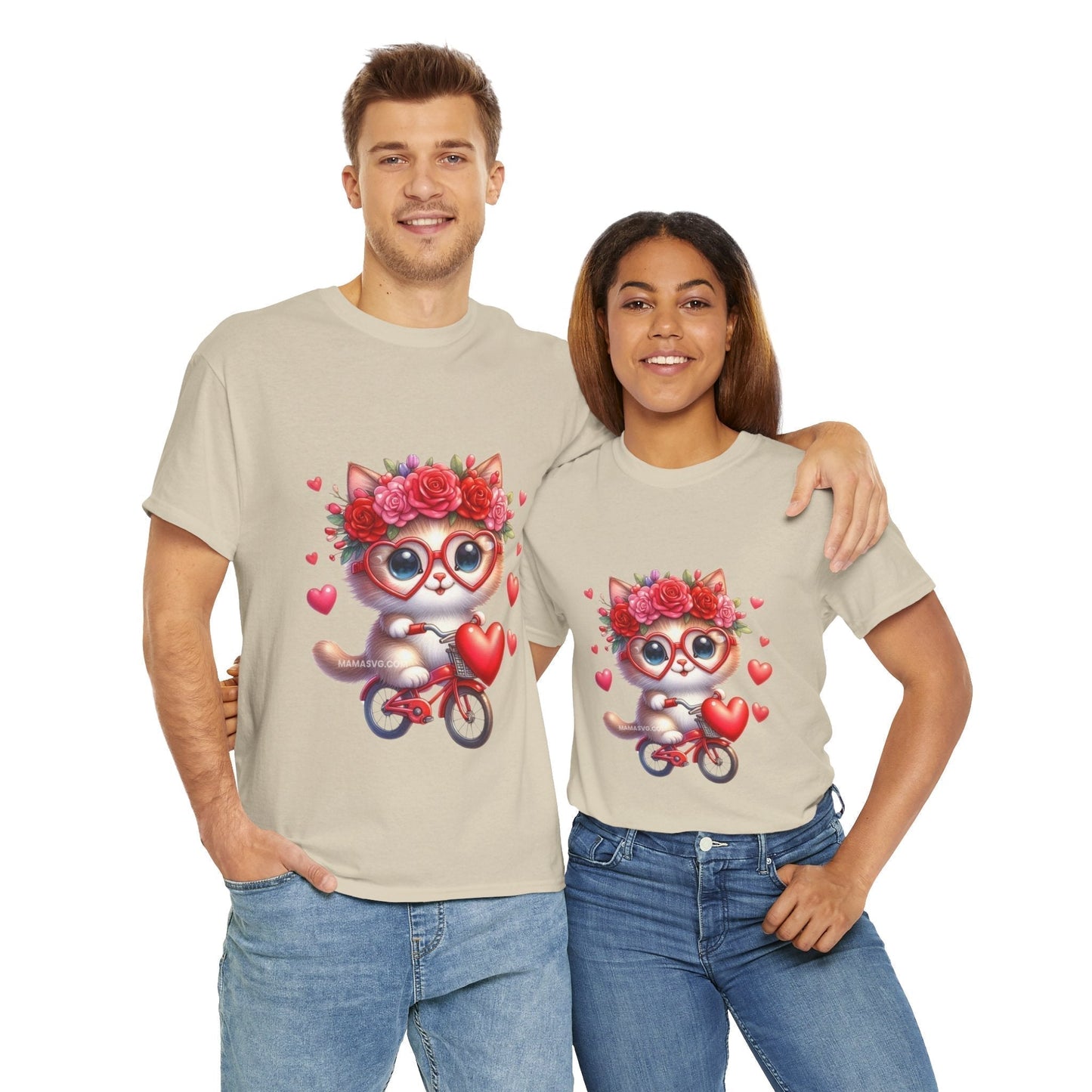Biker Cat Cycling Hearts T-Shirt - Valentines Cat Lover Gift