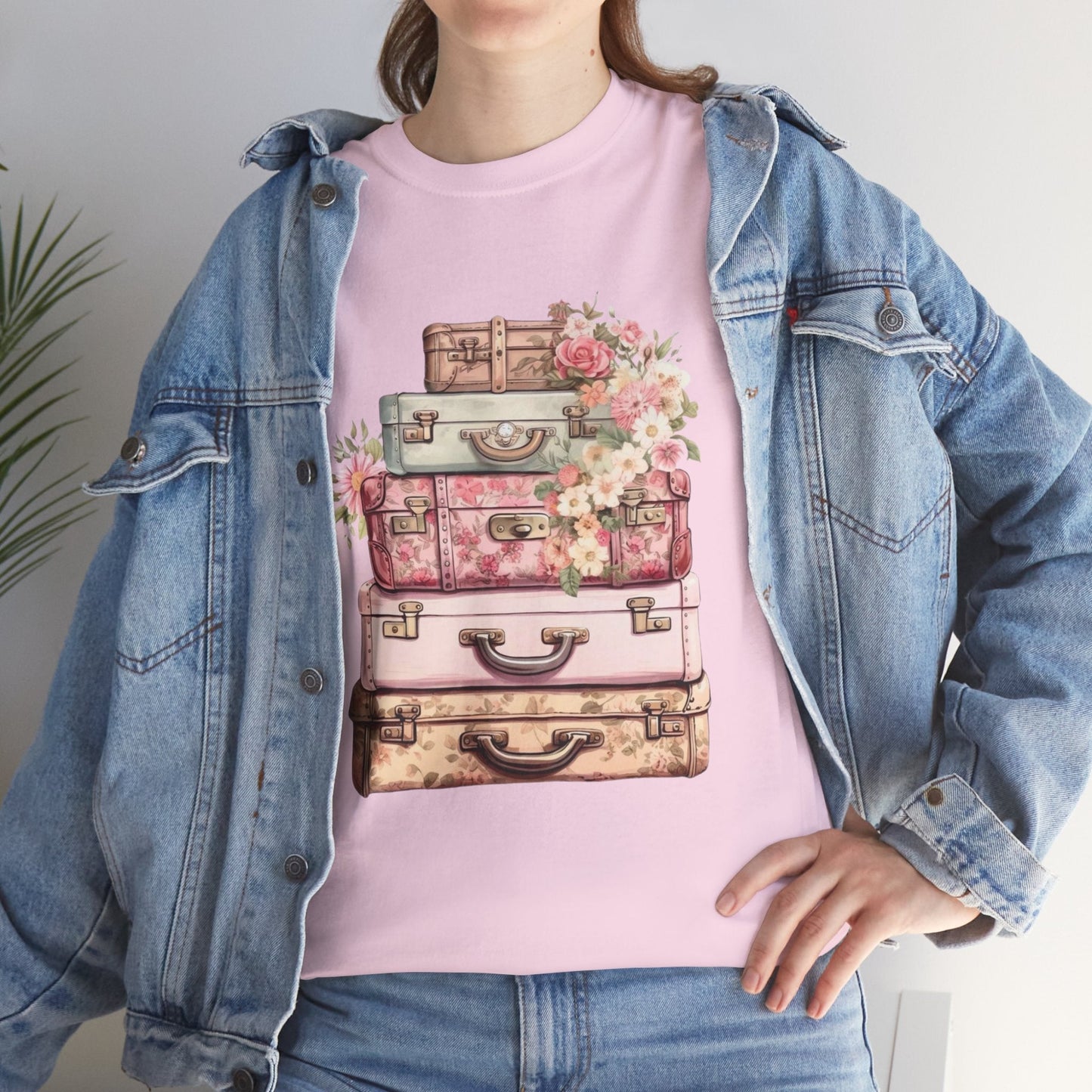 Vintage Floral Suitcase Tee - Unisex Heavy Cotton Tee