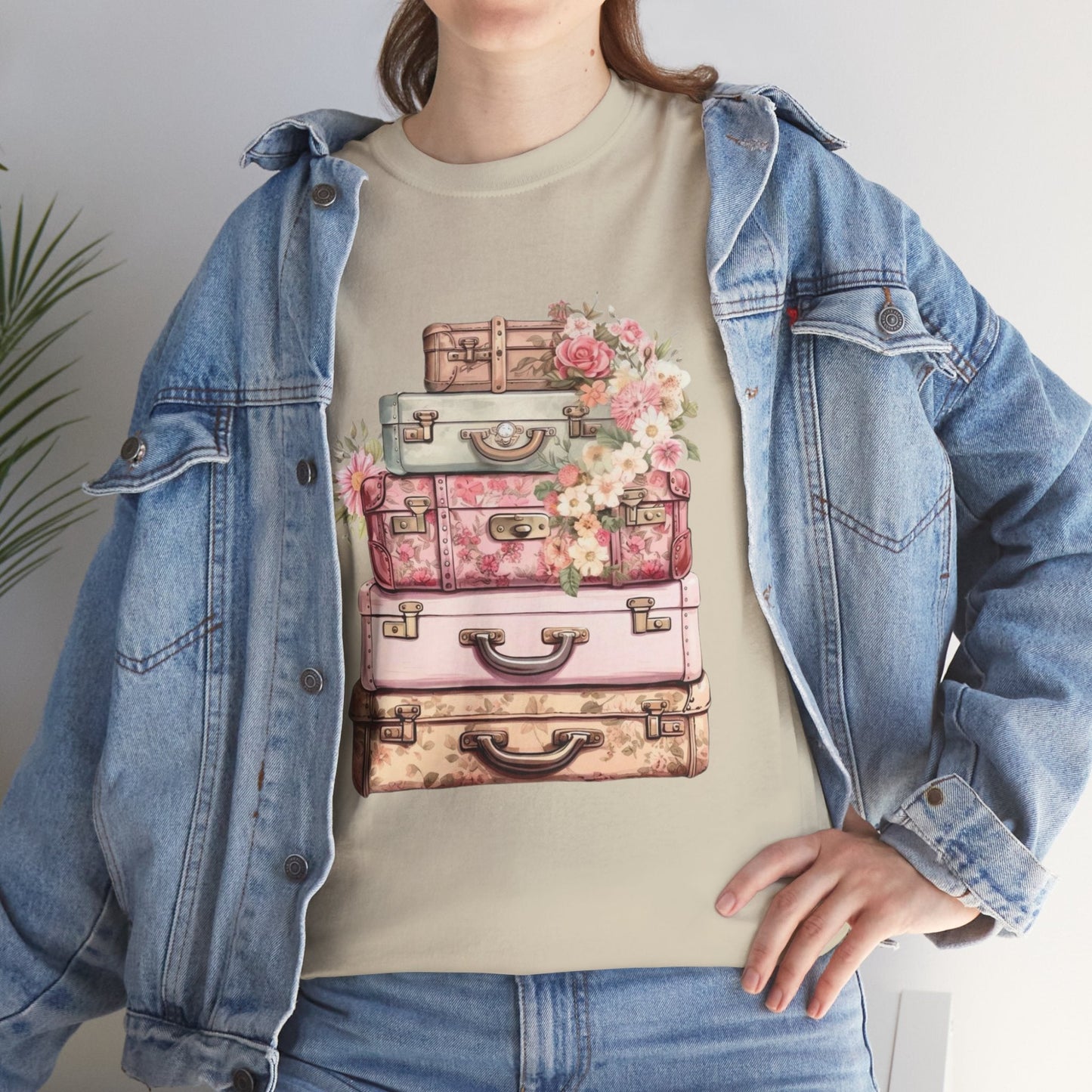 Vintage Floral Suitcase Tee - Unisex Heavy Cotton Tee