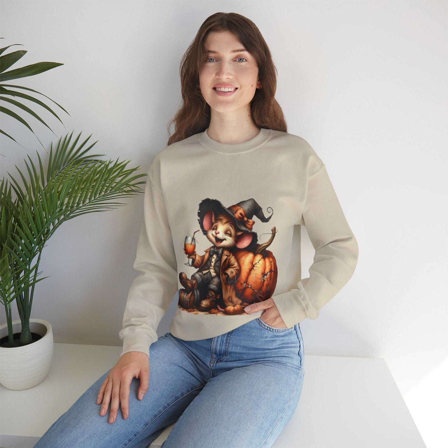 Funny Mouse Halloween Sweetshirt featuring a cute mouse on a pumpkin, perfect for spooky season.