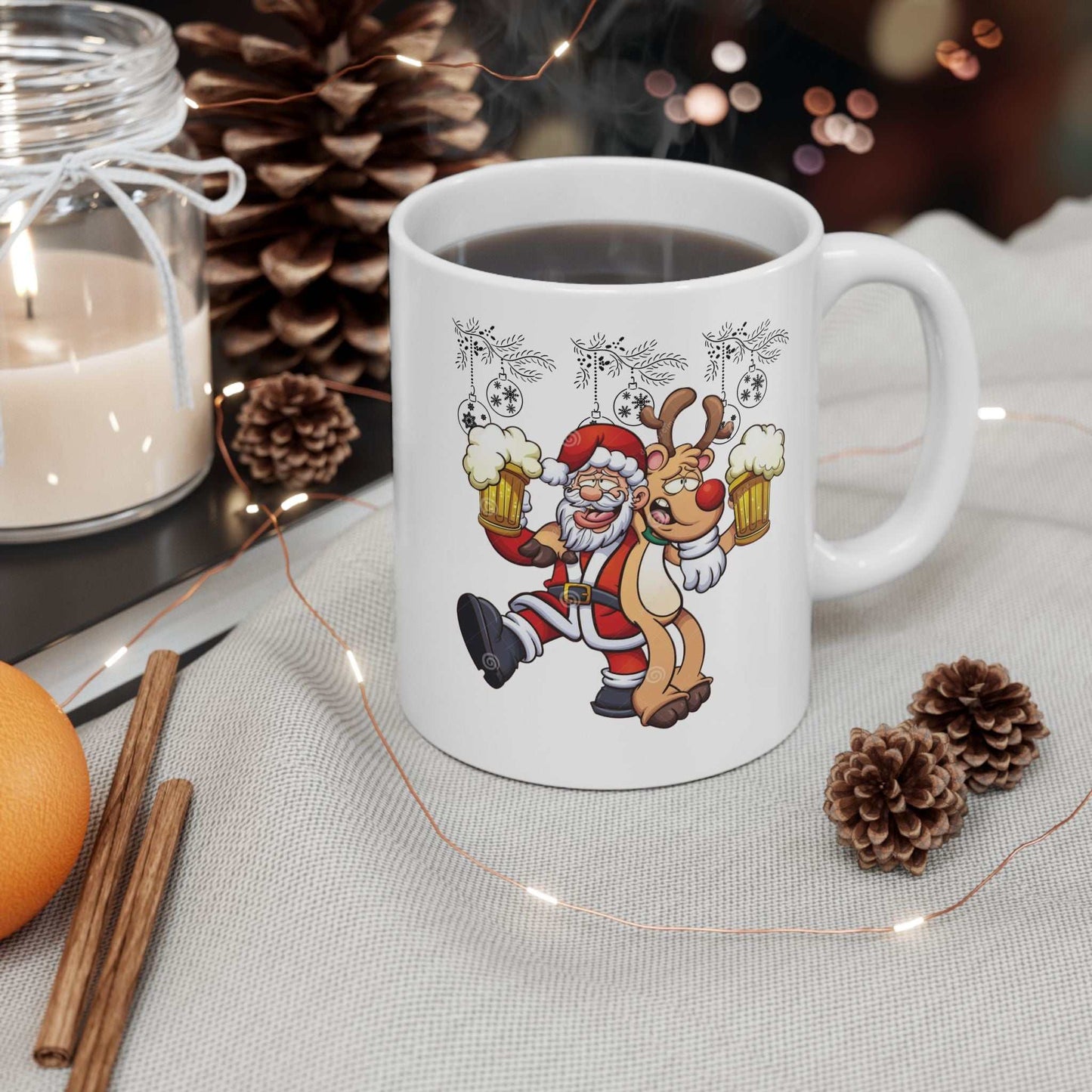 Funny Beer Santa Christmas mug with dancing Santa and reindeer holding beer, festive gift idea.