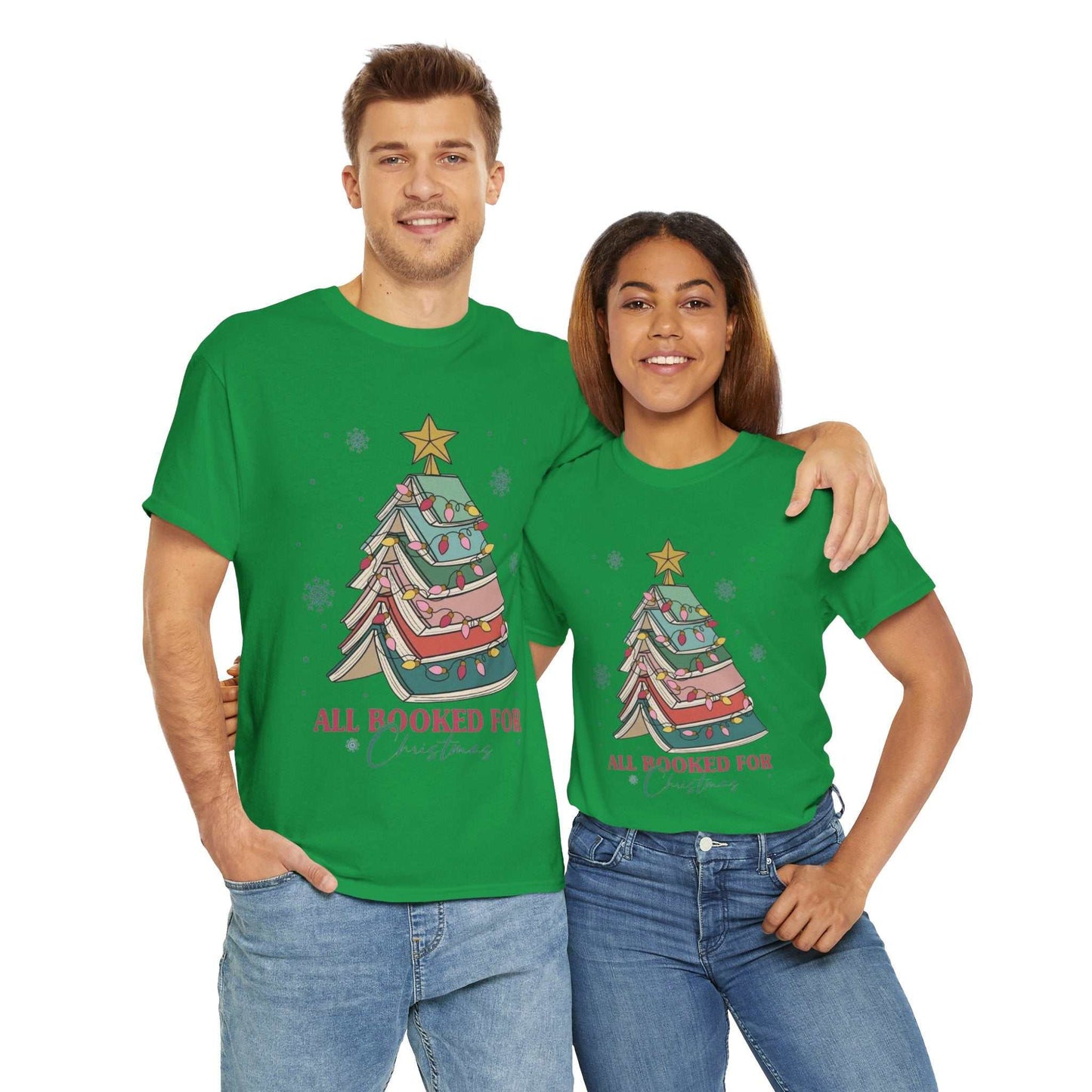 Christmas shirt gift featuring book-themed tree design, ideal for book lovers and librarians.