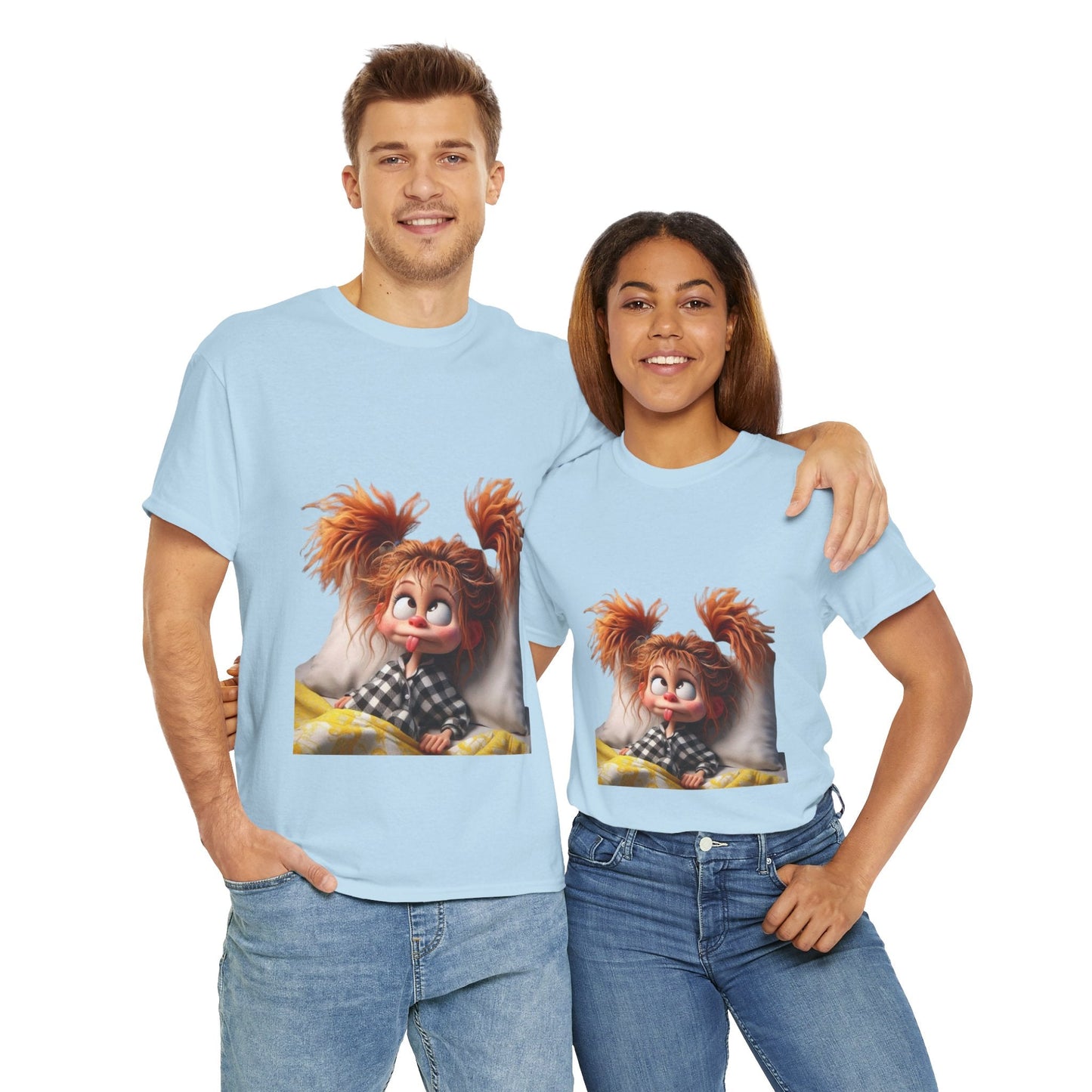 Cute Cartoon Character Unisex Heavy Cotton Tee - Perfect for Relaxed Mornings