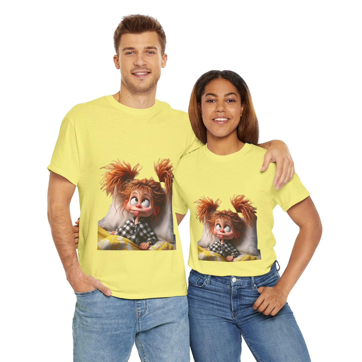 Cute Cartoon Character Unisex Heavy Cotton Tee - Perfect for Relaxed Mornings