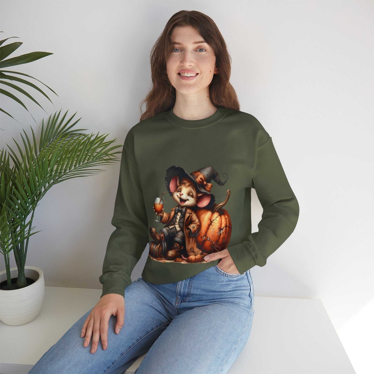 Funny Mouse Halloween Sweetshirt featuring a cute mouse with pumpkin design, perfect for spooky season lovers.