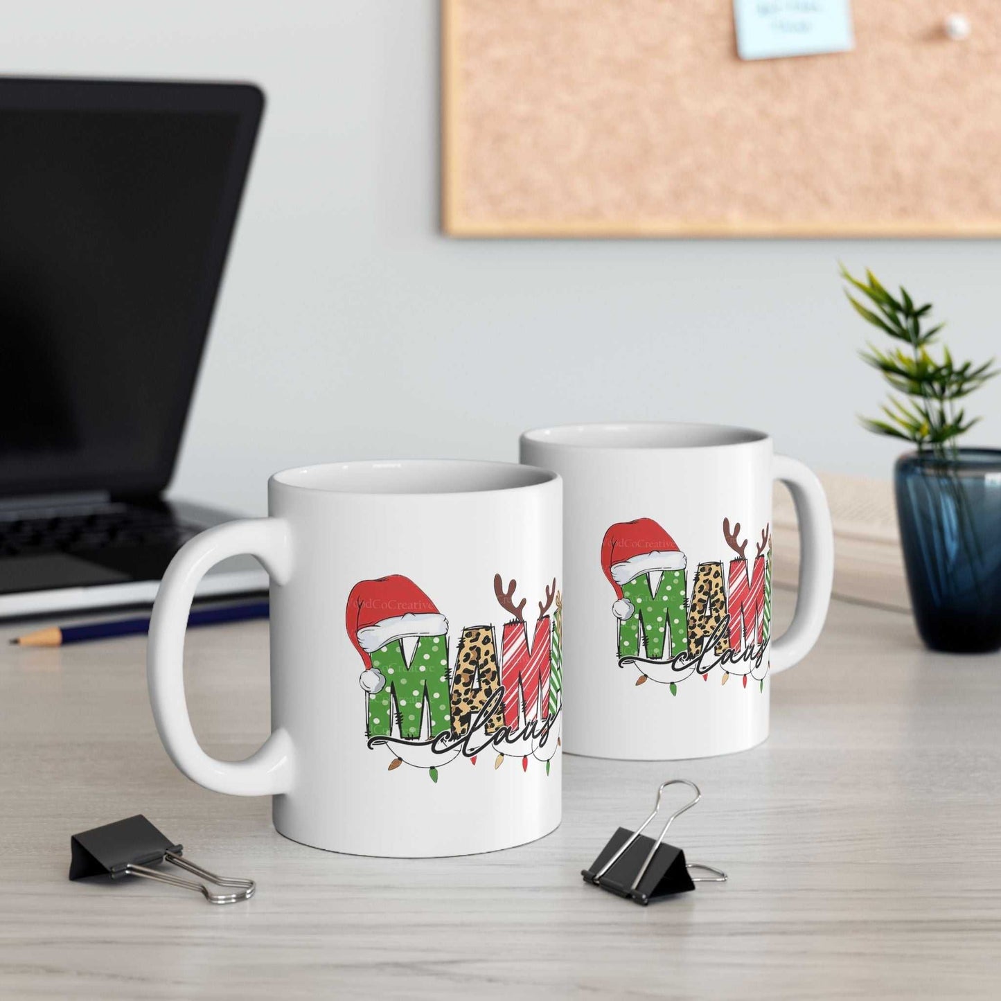 Mama Claus mugs featuring festive designs with Santa hats and holiday colors, perfect for spreading Christmas cheer.