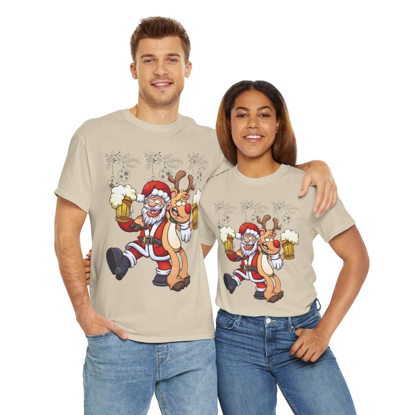 Funny Beer Santa Christmas shirt featuring Santa and Rudolf with beer mugs, festive holiday apparel.