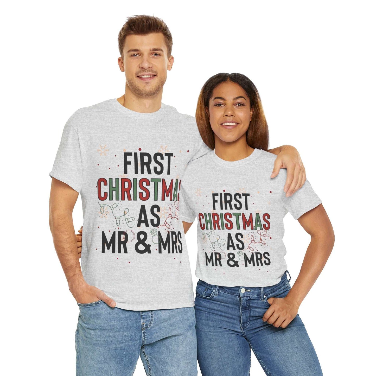 First Christmas as Mr and Mrs shirt, couple wearing matching holiday tees.