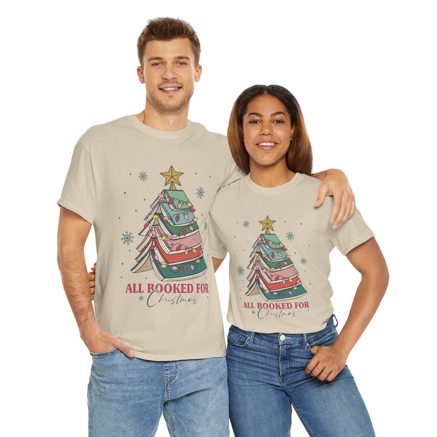 Christmas shirt gift featuring "All Booked For Christmas" design with a stacked book tree, perfect for book lovers and librarians.