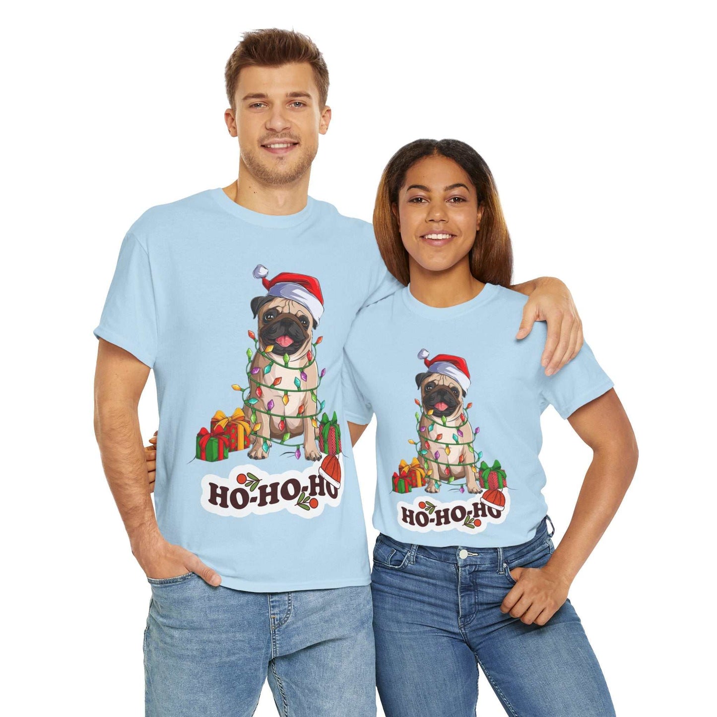 Cute Christmas dog shirt with pug wearing Santa hat and lights, perfect for dog lovers and festive holidays.