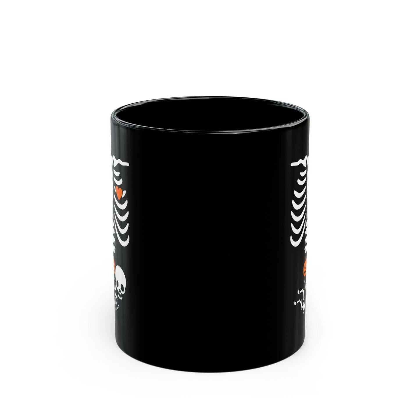 Black ceramic Halloween maternity mug with skeleton design, perfect for pregnancy reveals and new moms.