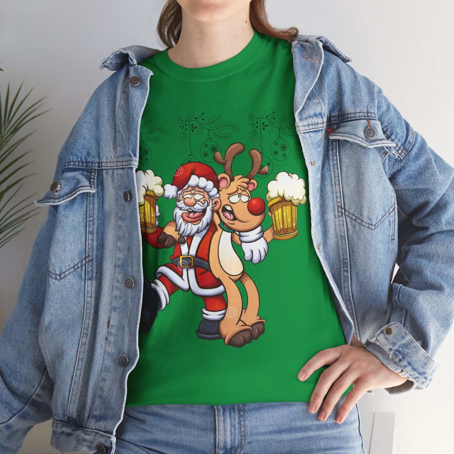 Funny Beer Santa Christmas shirt featuring Santa and Rudolf holding beer mugs, perfect holiday gift for beer lovers.