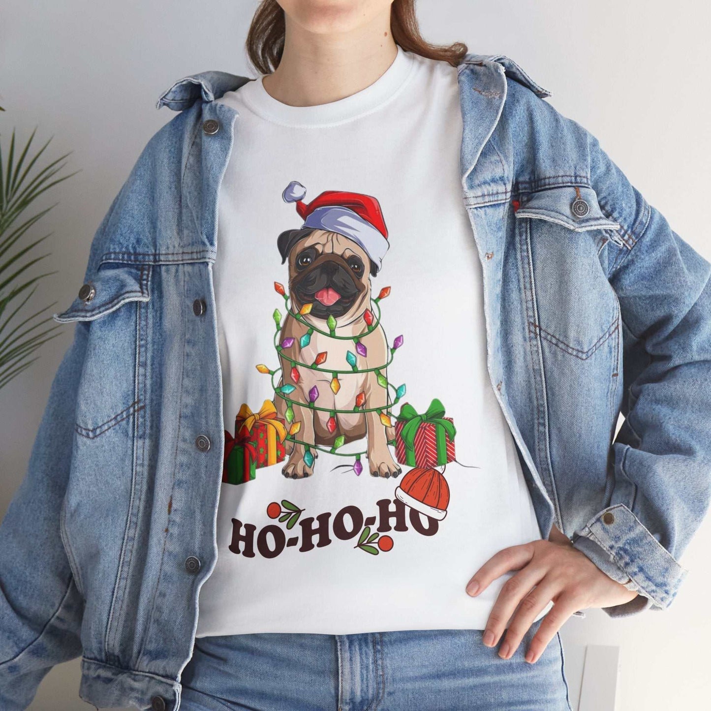 Cute Christmas dog shirt with pug in Santa hat, perfect for dog lovers.