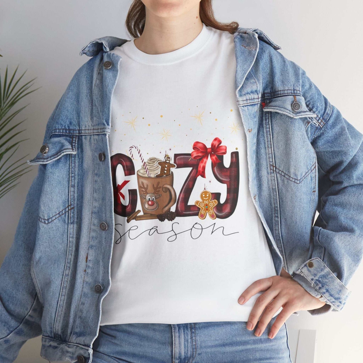Cozy Coffee Christmas Shirt with festive coffee design and denim jacket.