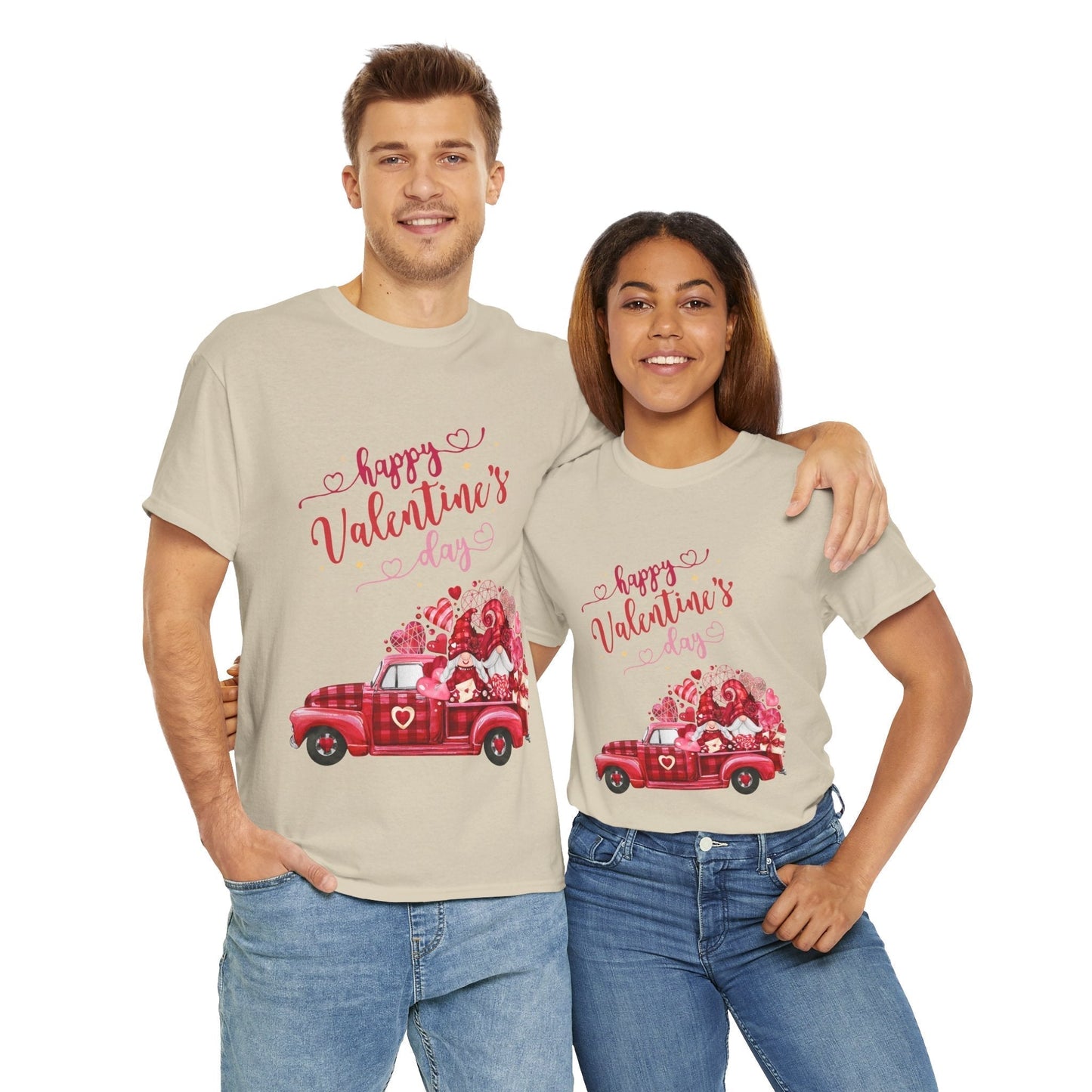 Valentine's Day Truck Hearts T-Shirt featuring vintage truck with hearts, unisex style, perfect for love season.