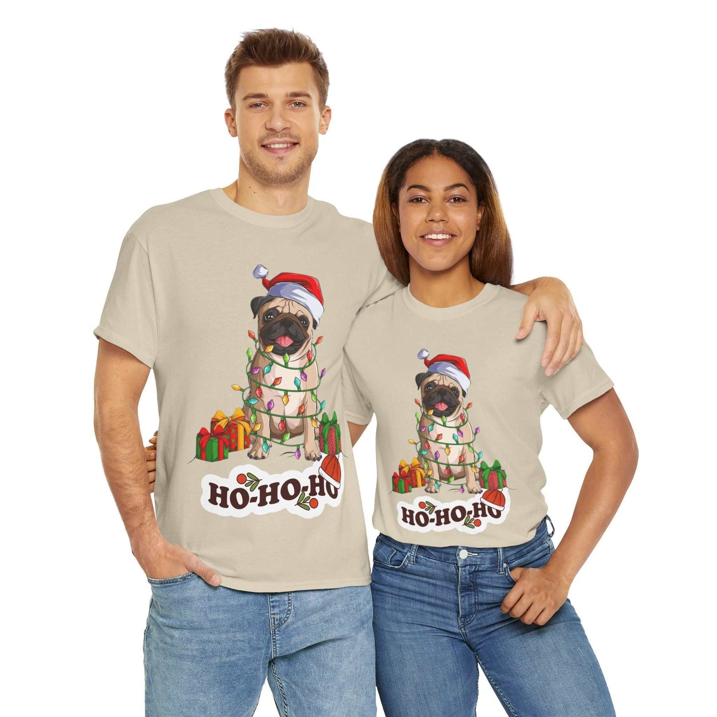 Cute Christmas dog shirt worn by a couple, perfect gift for dog lovers.