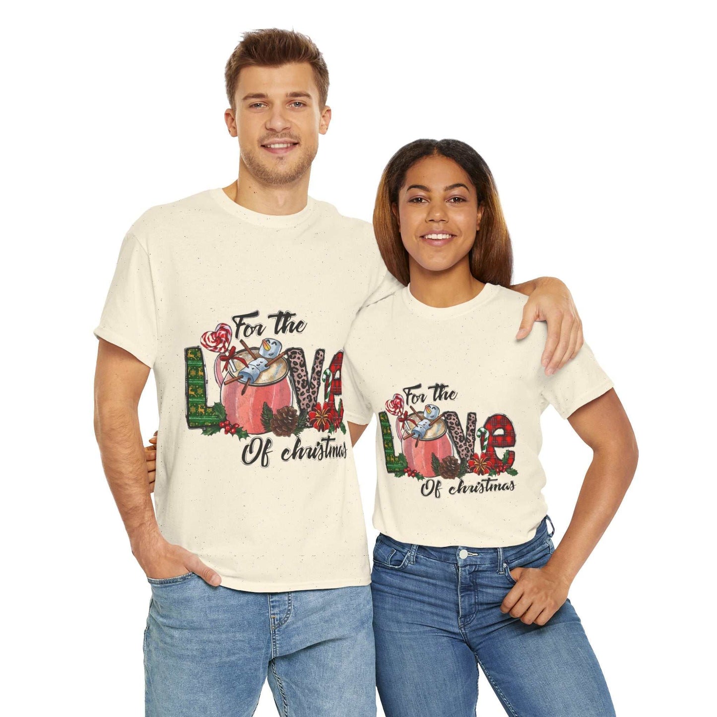Two people wearing For The Love Of Christmas Shirt with festive design, perfect holiday gift.