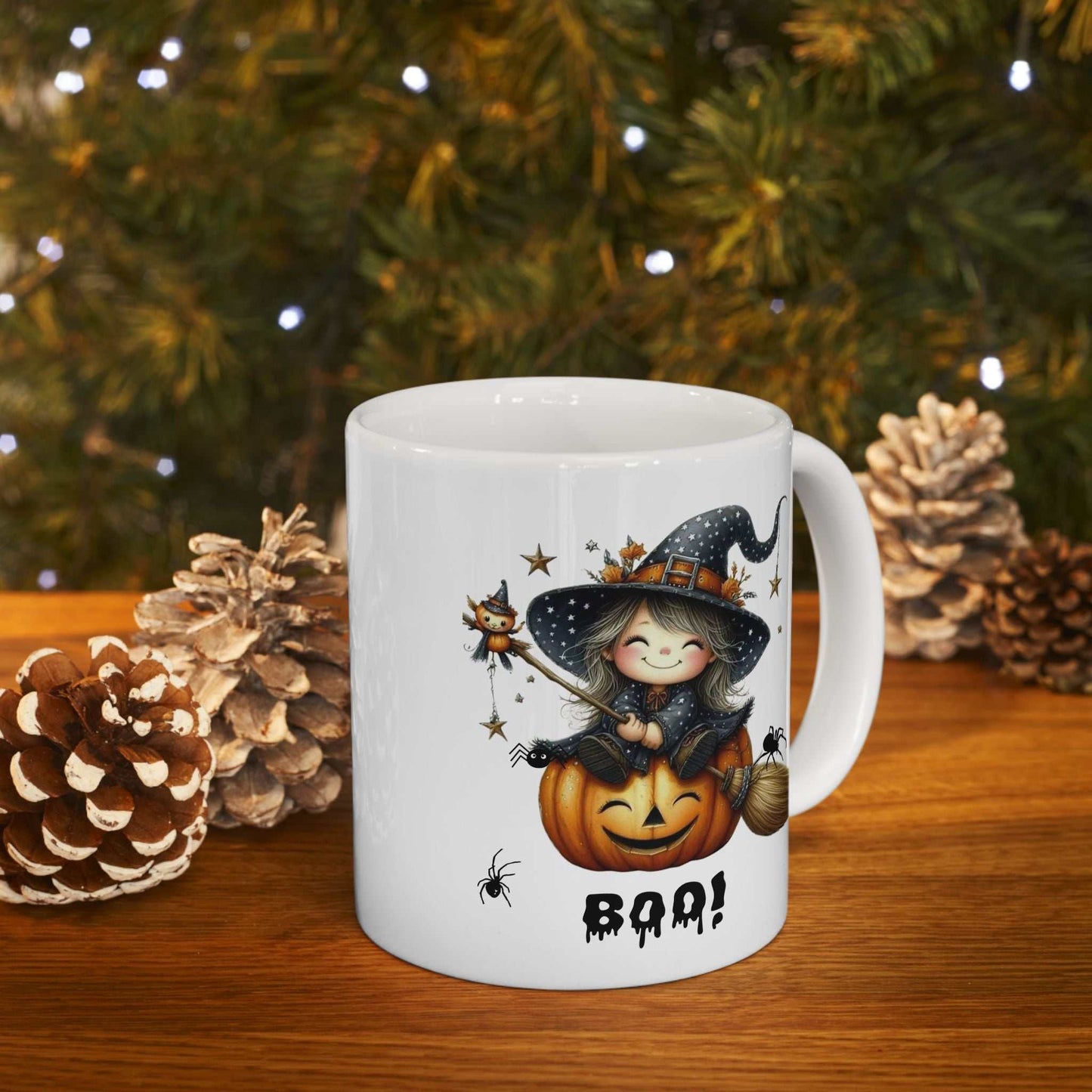 Halloween girl mug with cute ghost design, featuring a witch hat and pumpkin, perfect for spooky season.