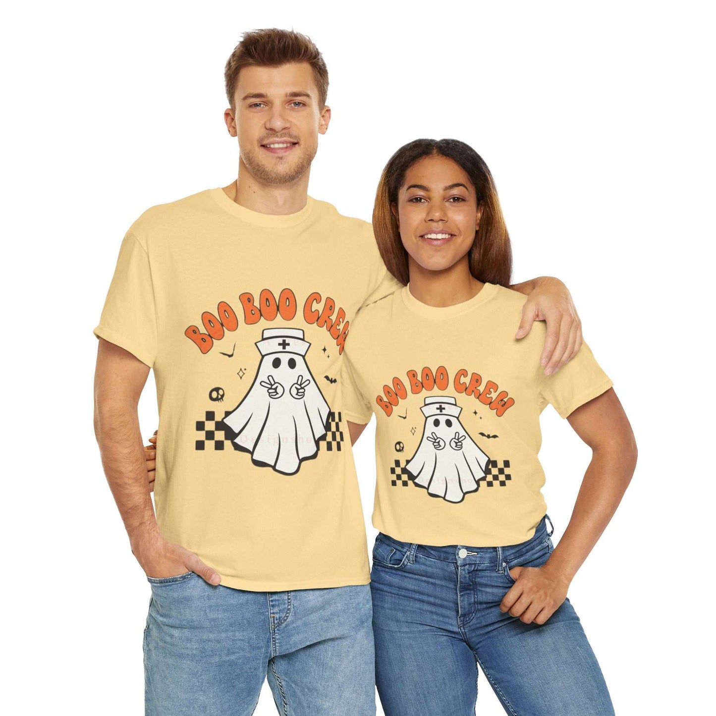Unisex Boo Nurse Crew Halloween cotton tee featuring a cute ghost nurse design.