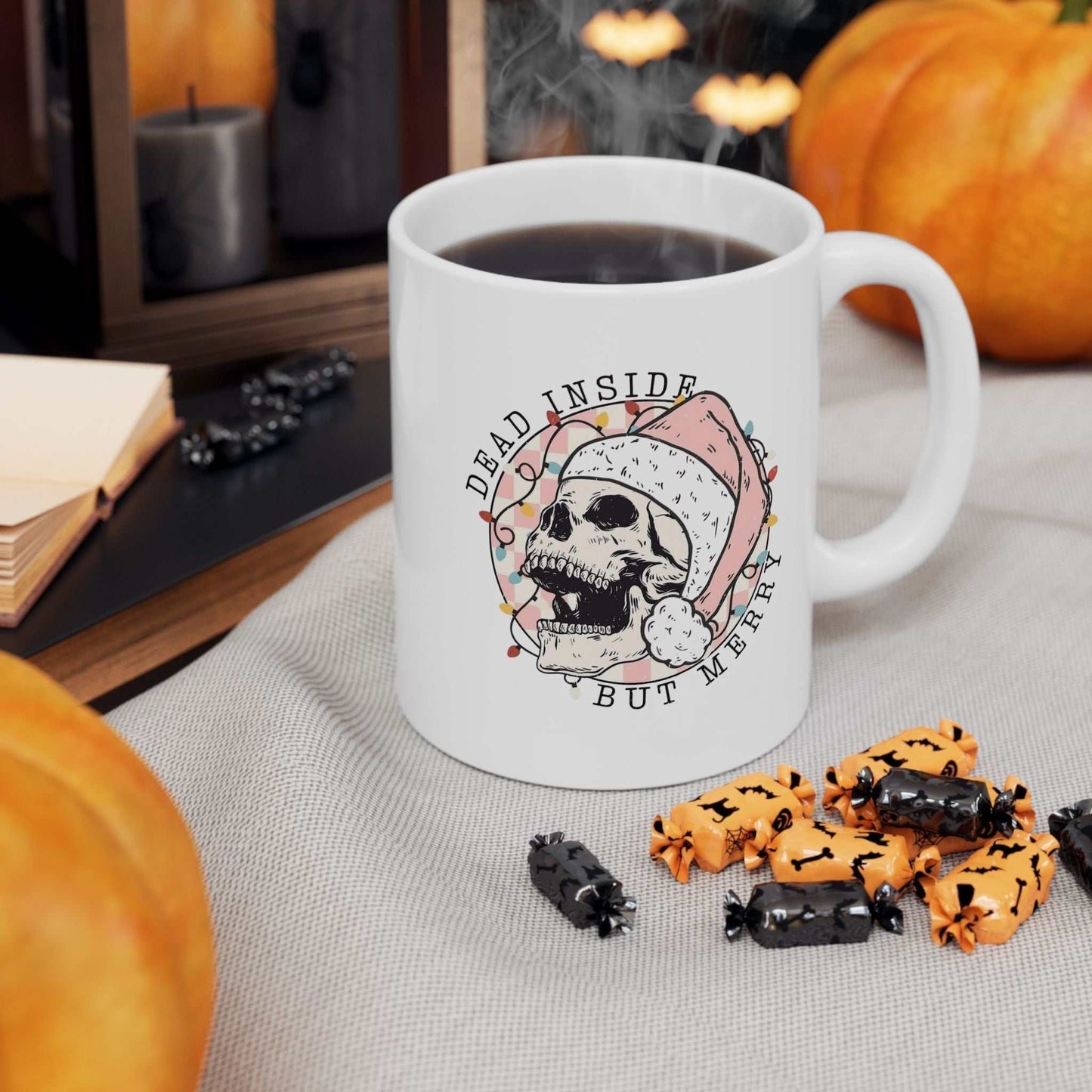 Dead Inside Skeleton Christmas Mug with festive skeleton design, holiday gift.