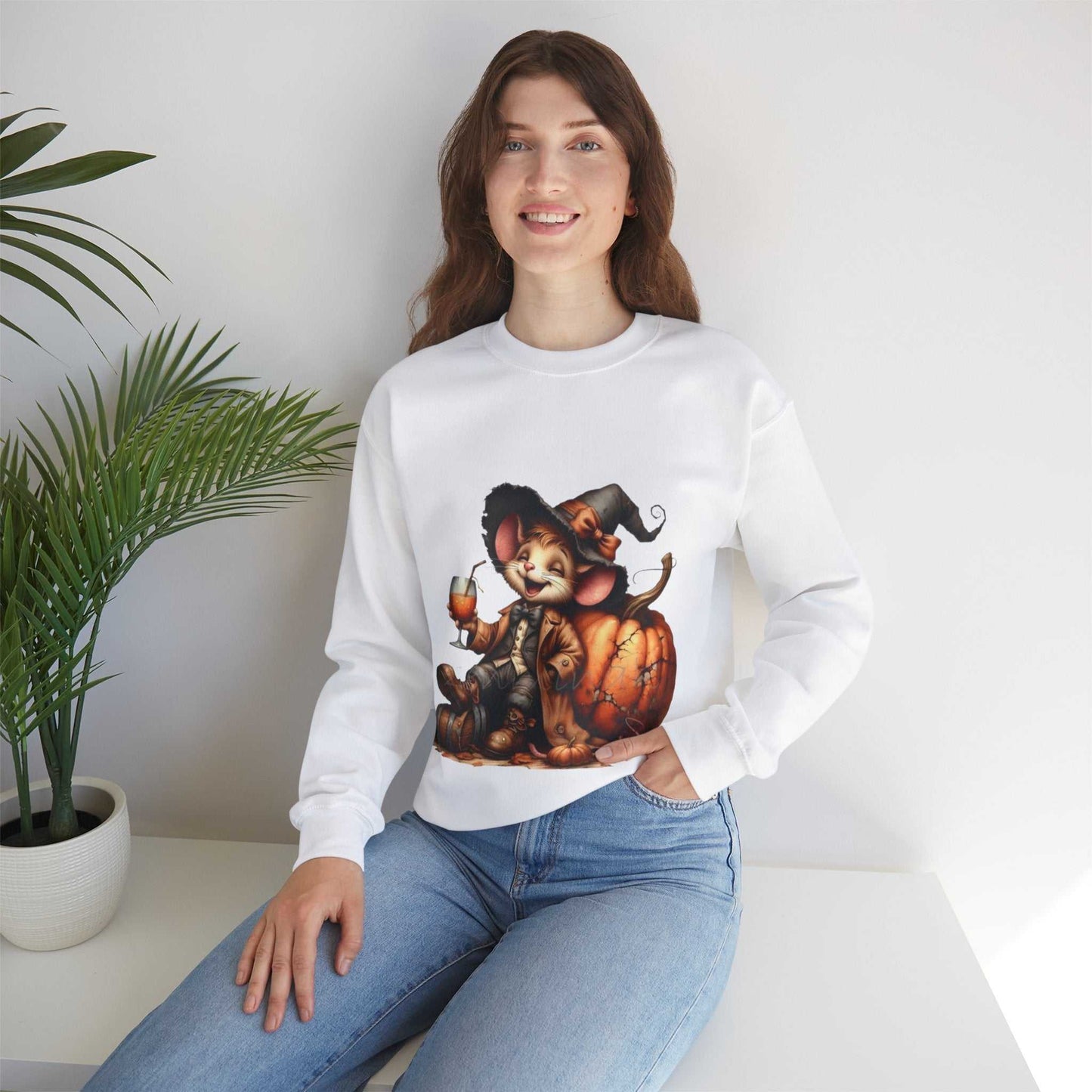 Funny Mouse Halloween Sweetshirt featuring cute mouse design on white fabric.
