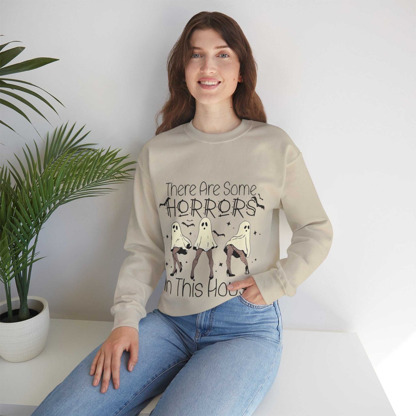 Unisex Funny Halloween Sweatshirt with spooky ghost design and playful text.