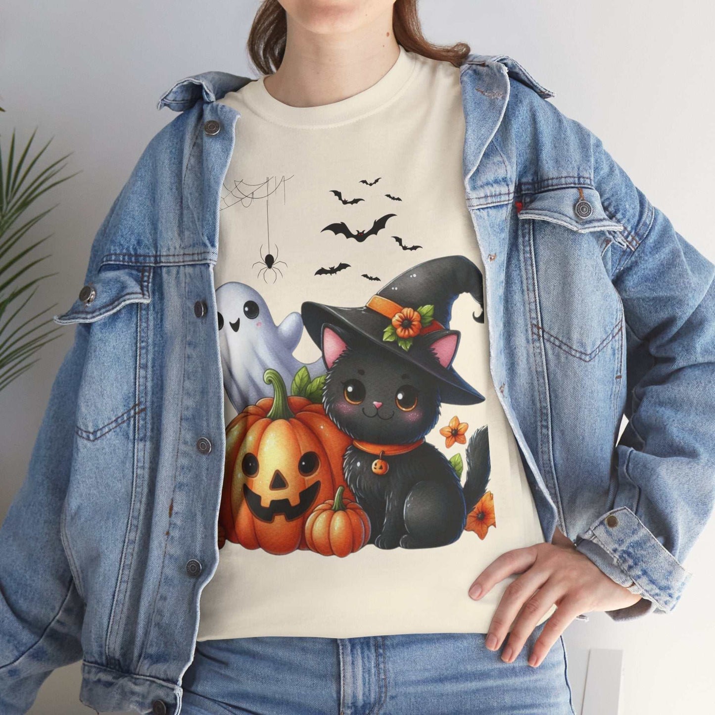 Halloween Cat Kids Shirt with cute black cat, pumpkins, and ghost design.