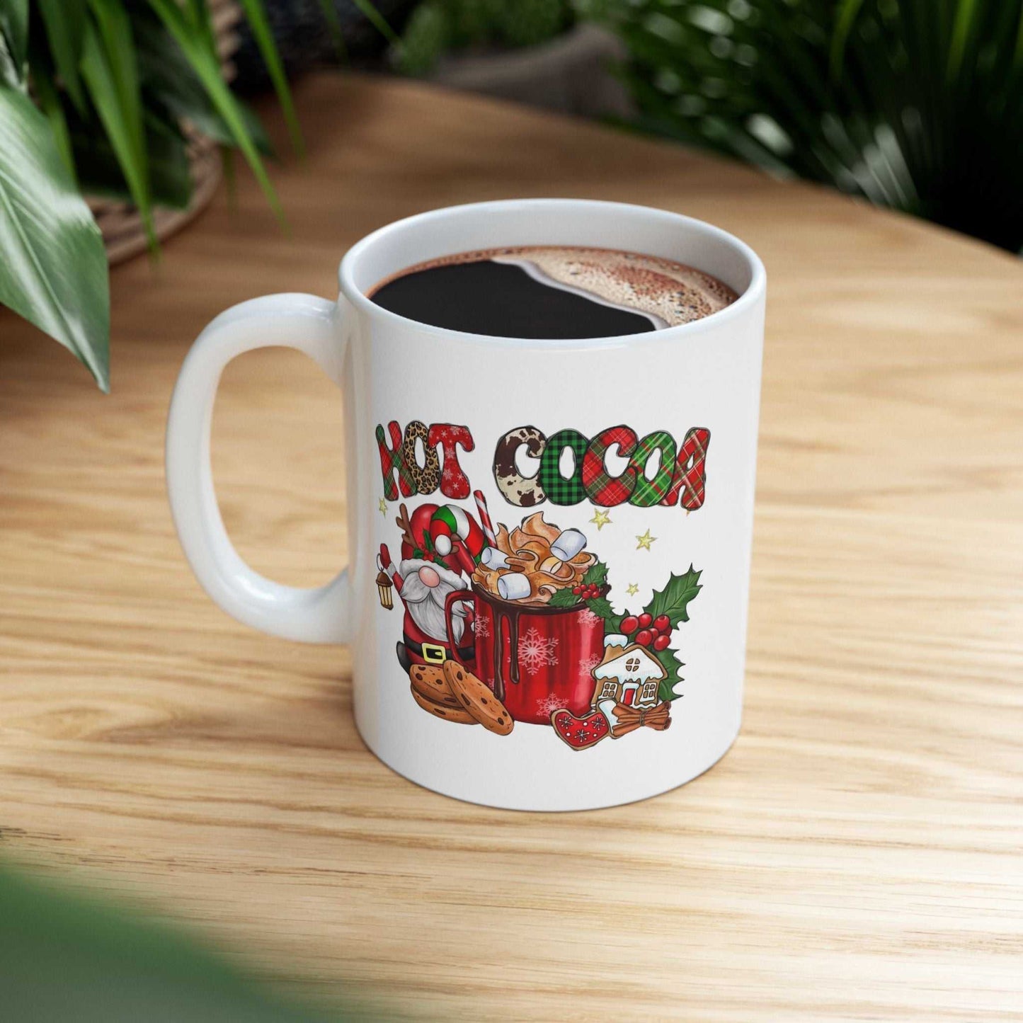 Hot Cocoa Christmas Movies Mug with festive gnome design on table.
