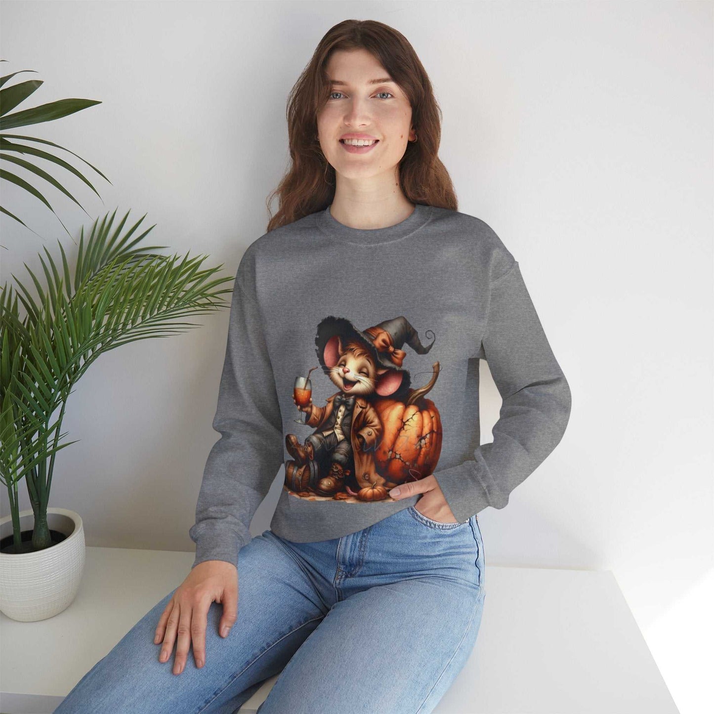 Woman wearing Funny Mouse Halloween Sweetshirt with pumpkin and mouse design, ideal for spooky season.