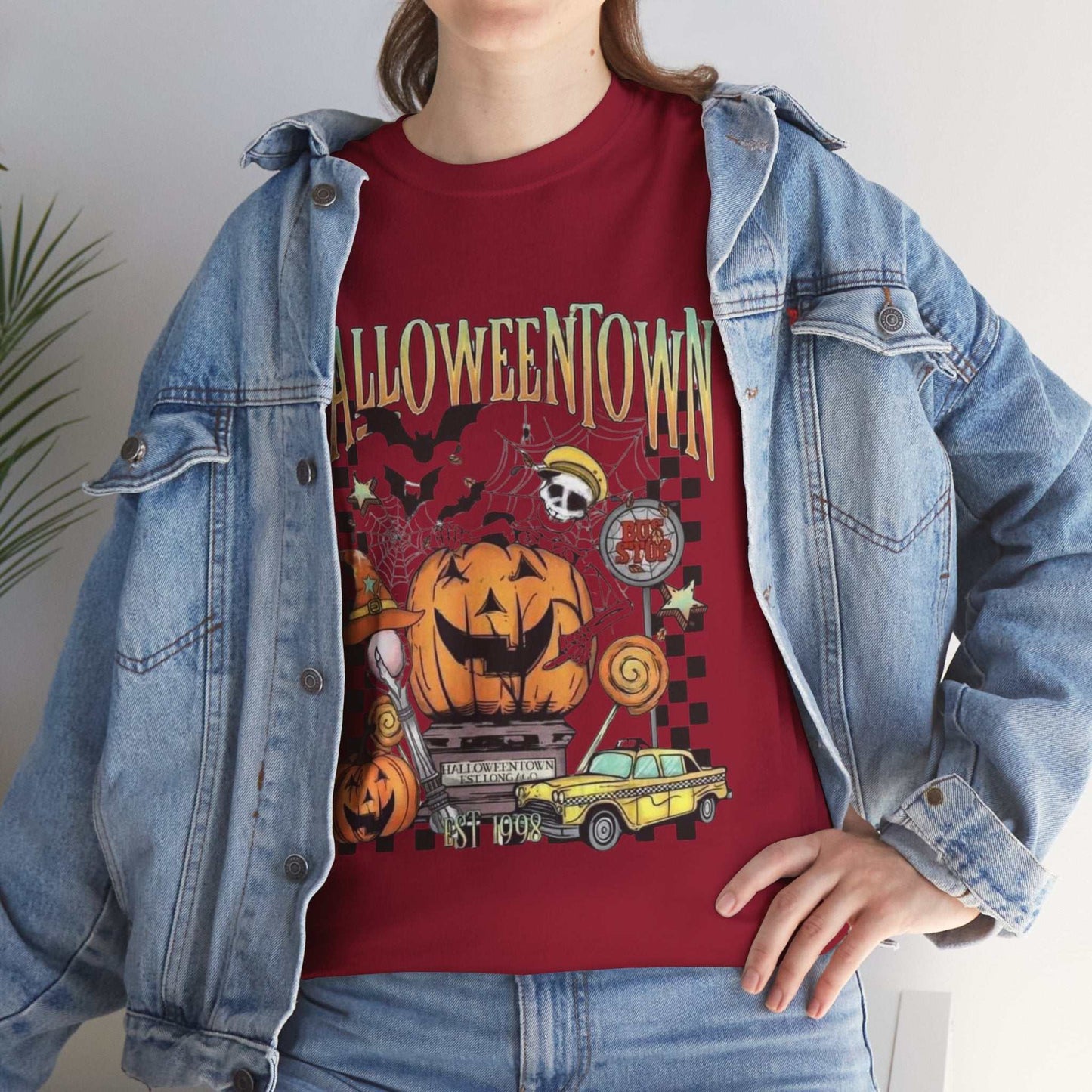 Retro Halloweentown Shirt with pumpkin and spooky town design, perfect for Halloween season.