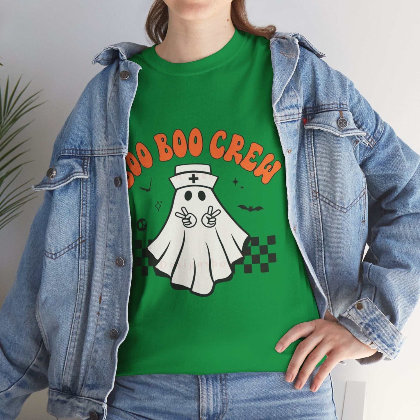 Boo Nurse Crew Halloween shirt featuring a cute ghost design on a green tee.