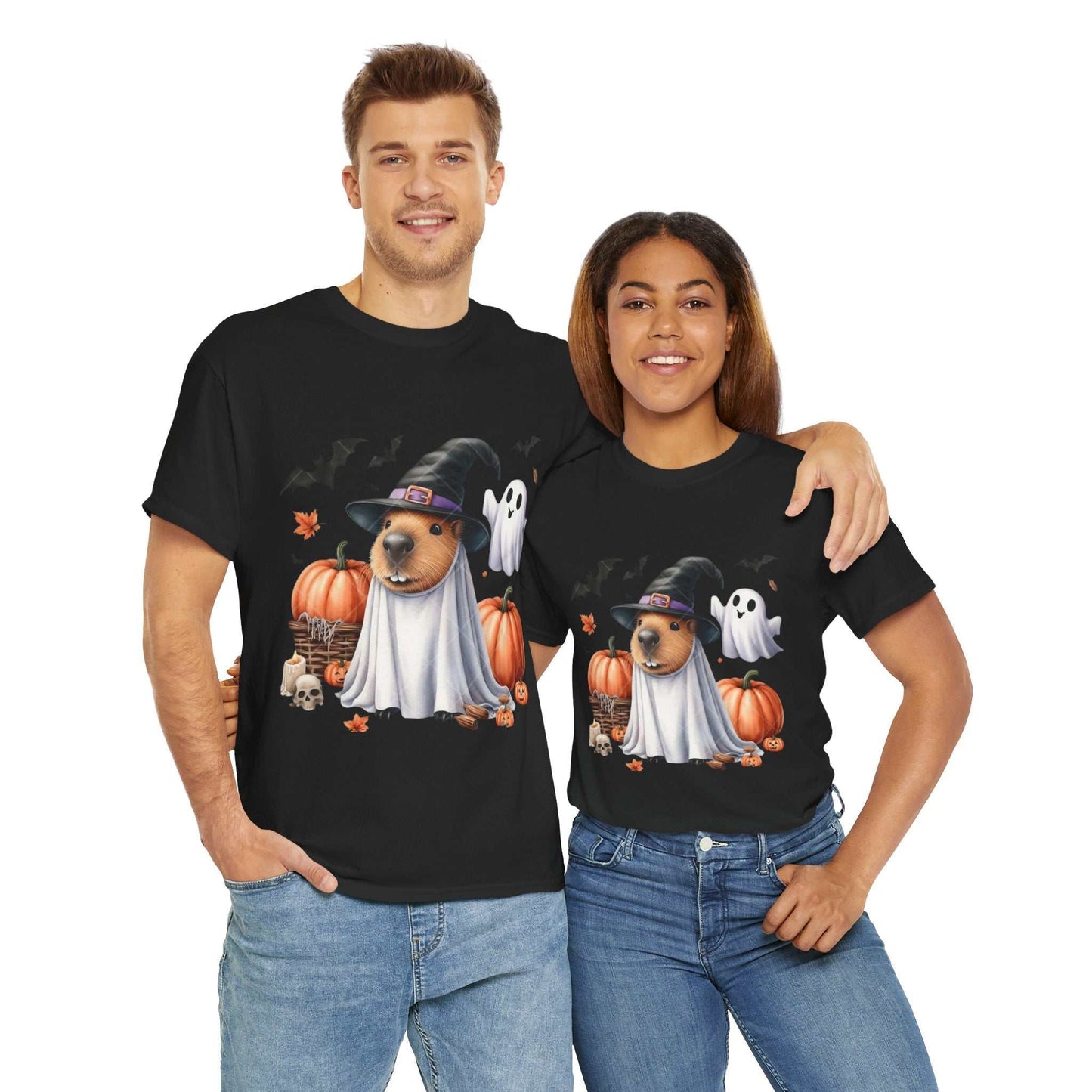 Halloween Capybara Shirt featuring spooky capybara with pumpkins and ghost design.