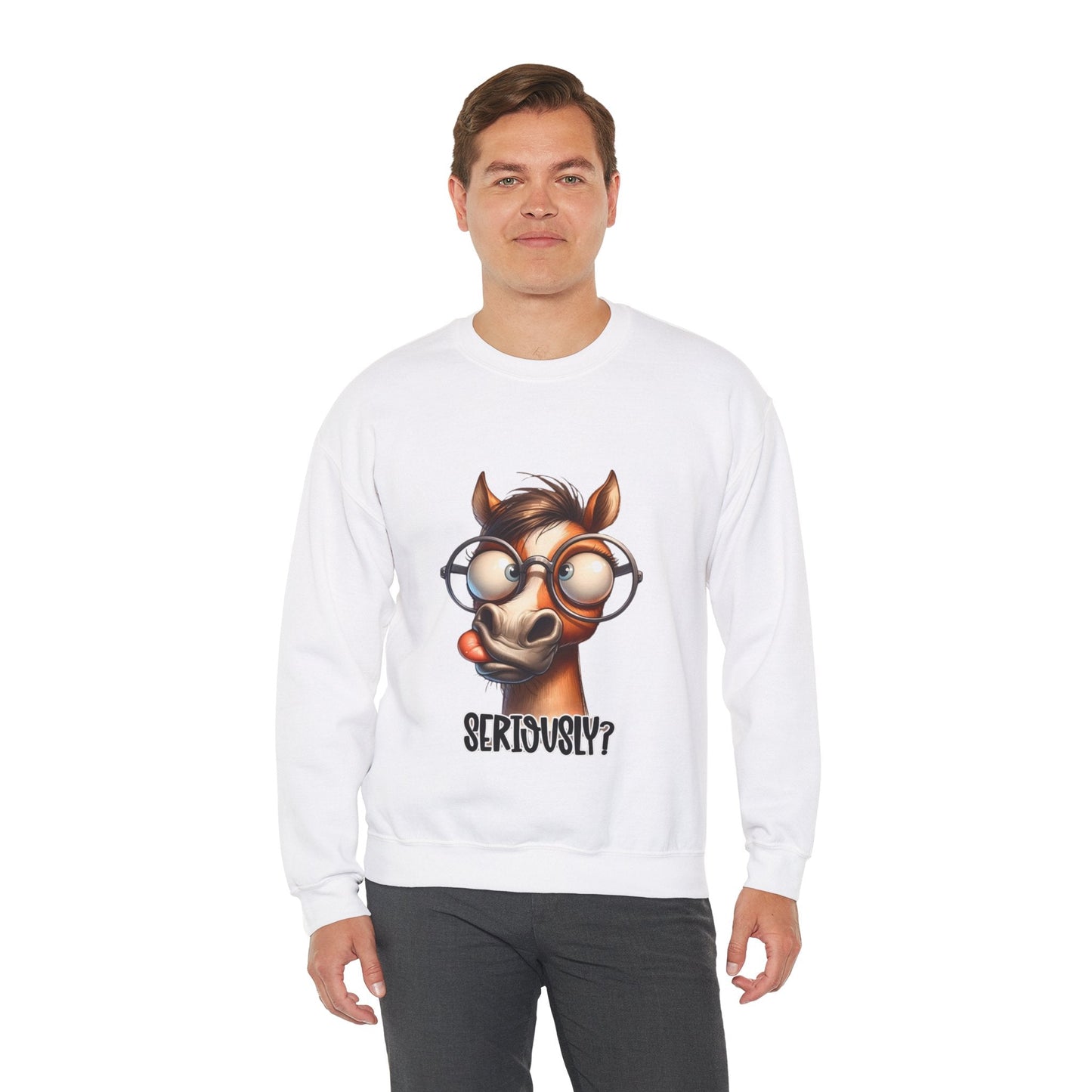 Funny Horse Graphic Crewneck Sweatshirt - 'Seriously?' Unisex Sweatshirt