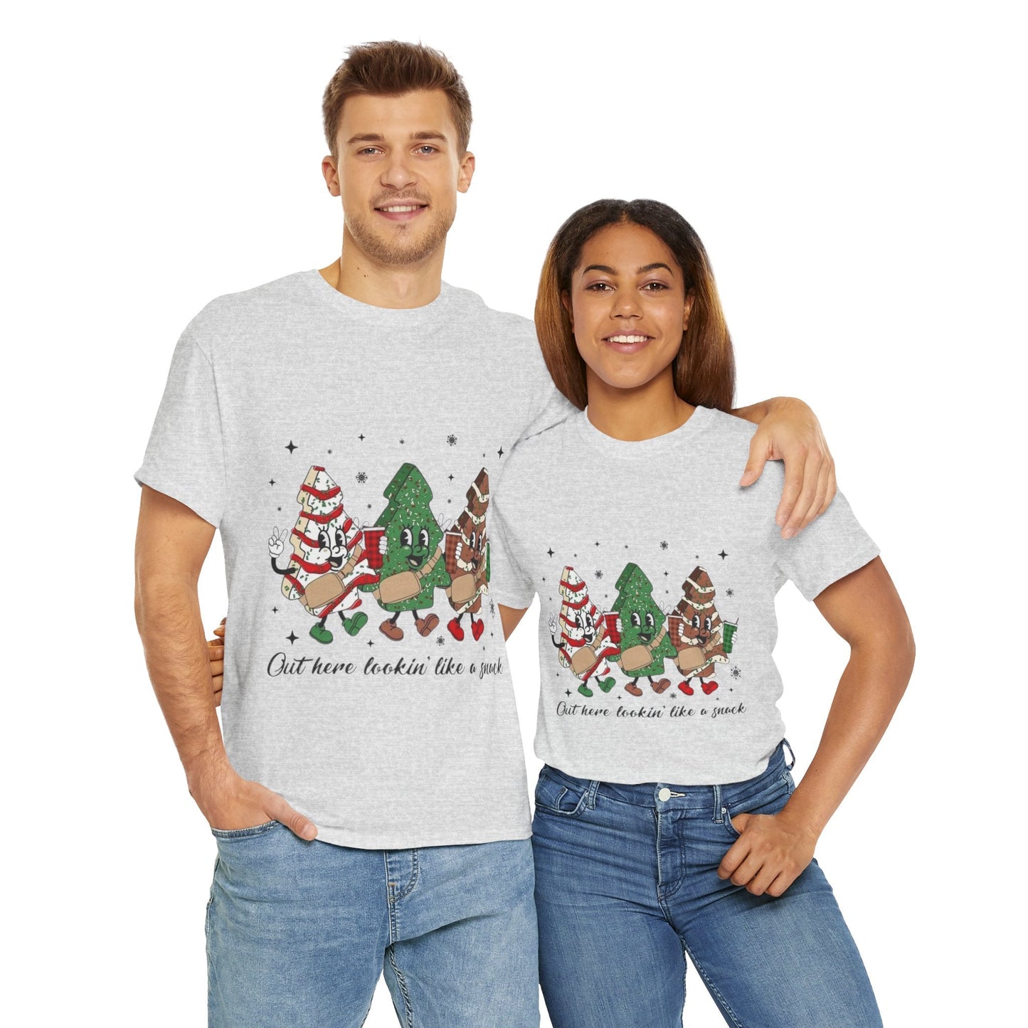 Unisex holiday t-shirt featuring festive snacks and trees, perfect Christmas season gift.