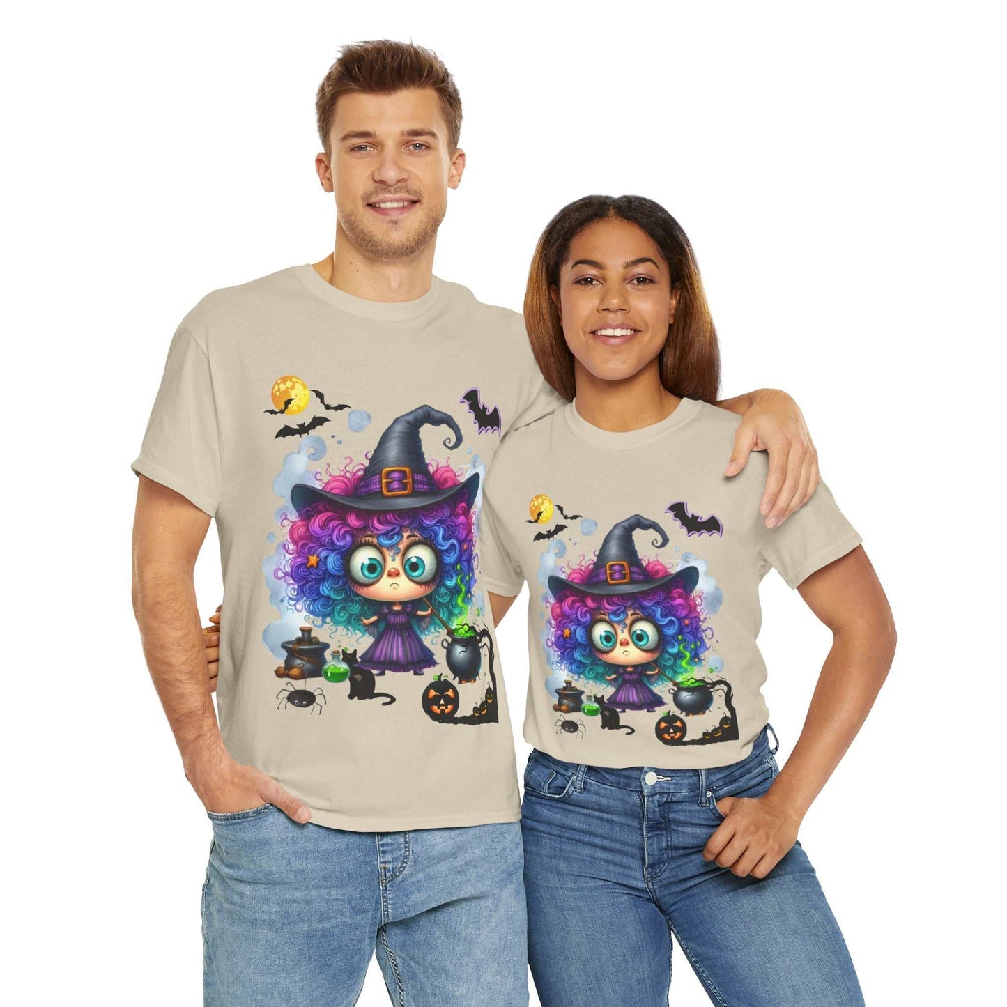 Halloween girl shirt featuring a colorful witch design, perfect for spooky season.