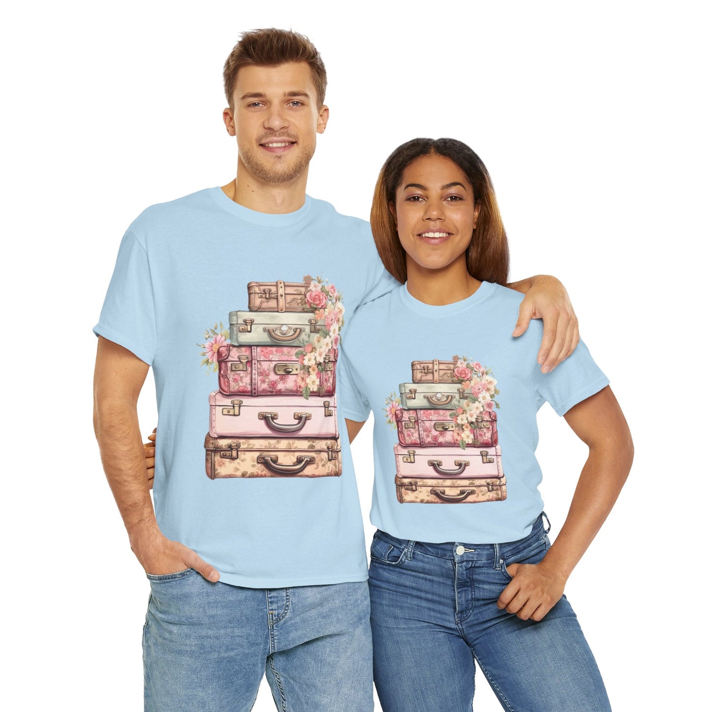 Vintage Floral Suitcase Tee - Unisex Heavy Cotton Tee