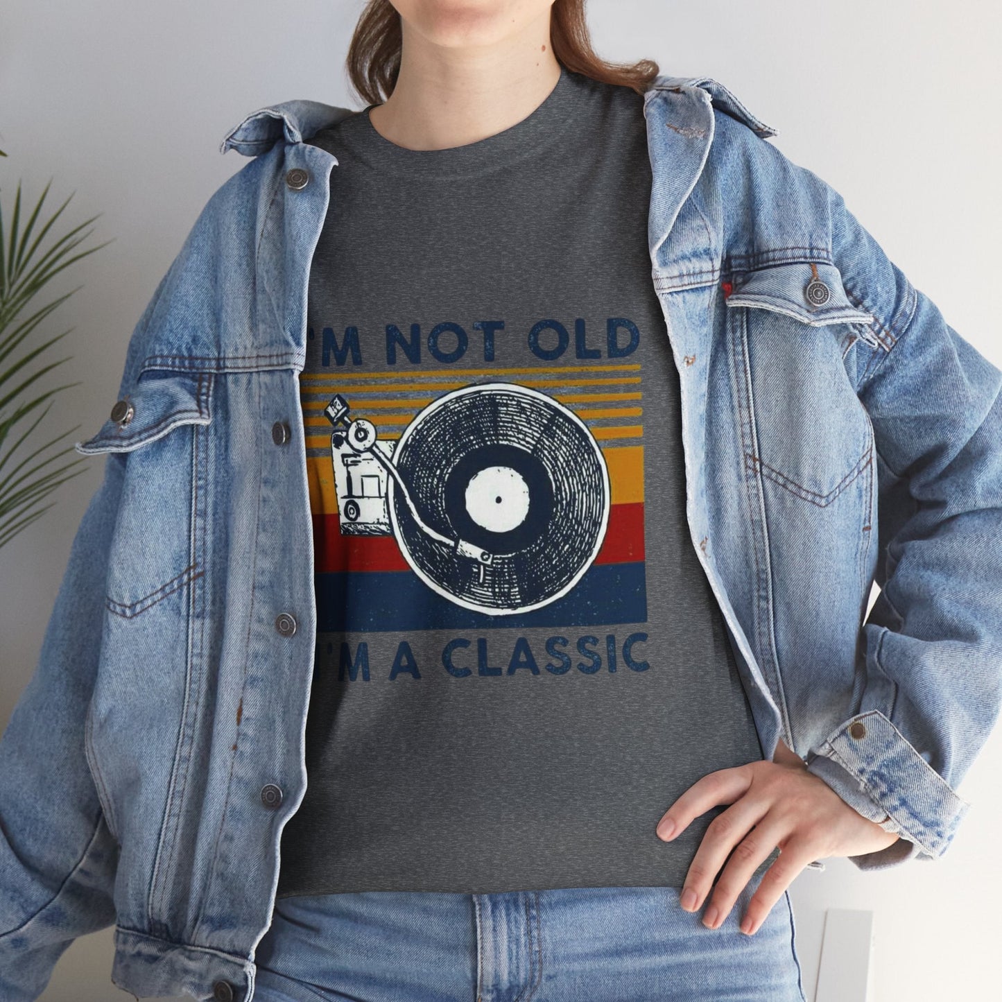Retro Vinyl Record Unisex Heavy Cotton Tee with "I'm Not Old, I'm A Classic" design, perfect for music lovers and retro enthusiasts.