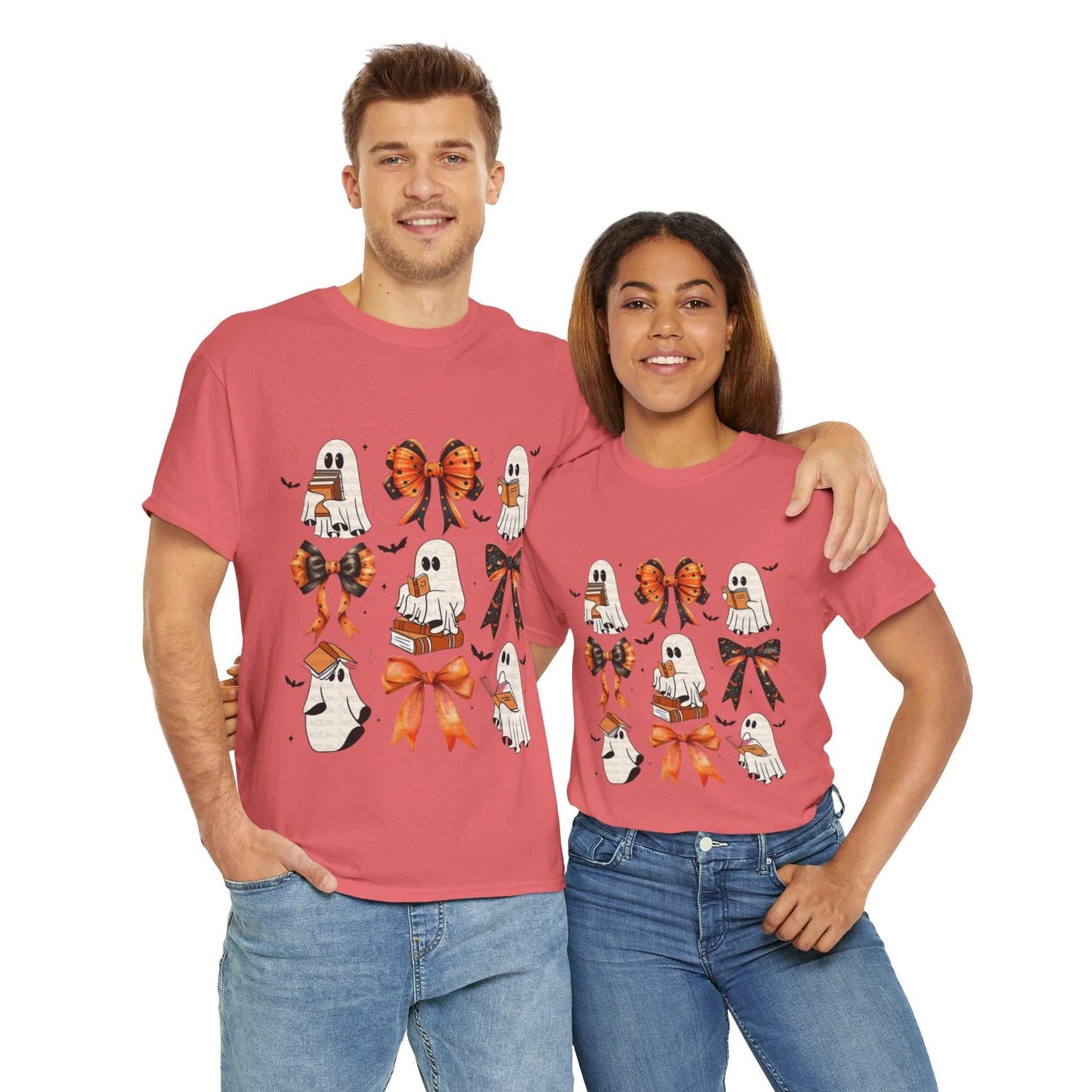 Unisex red tee featuring book-themed ghost design for Halloween.