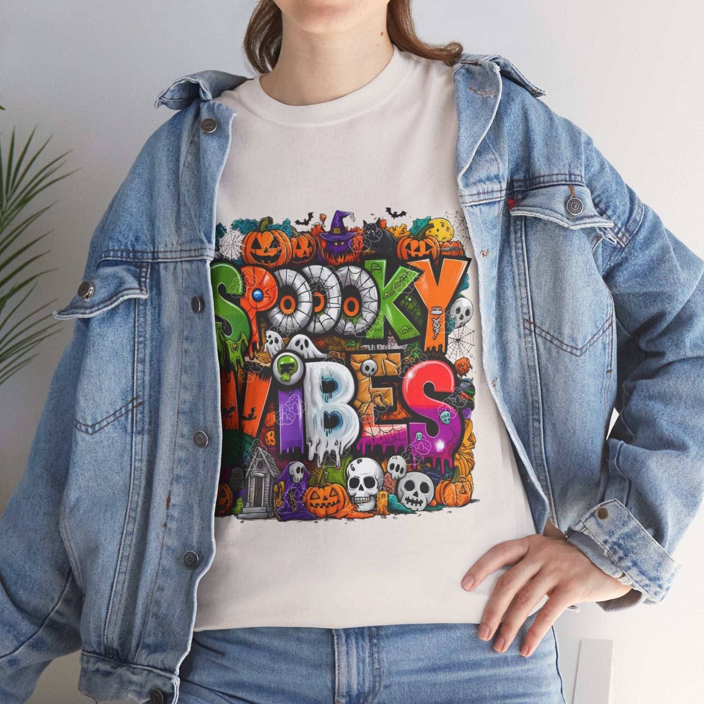 Spooky Vibes Unisex Heavy Cotton Tee, Halloween T-Shirt, Ghostly Graphic Gift