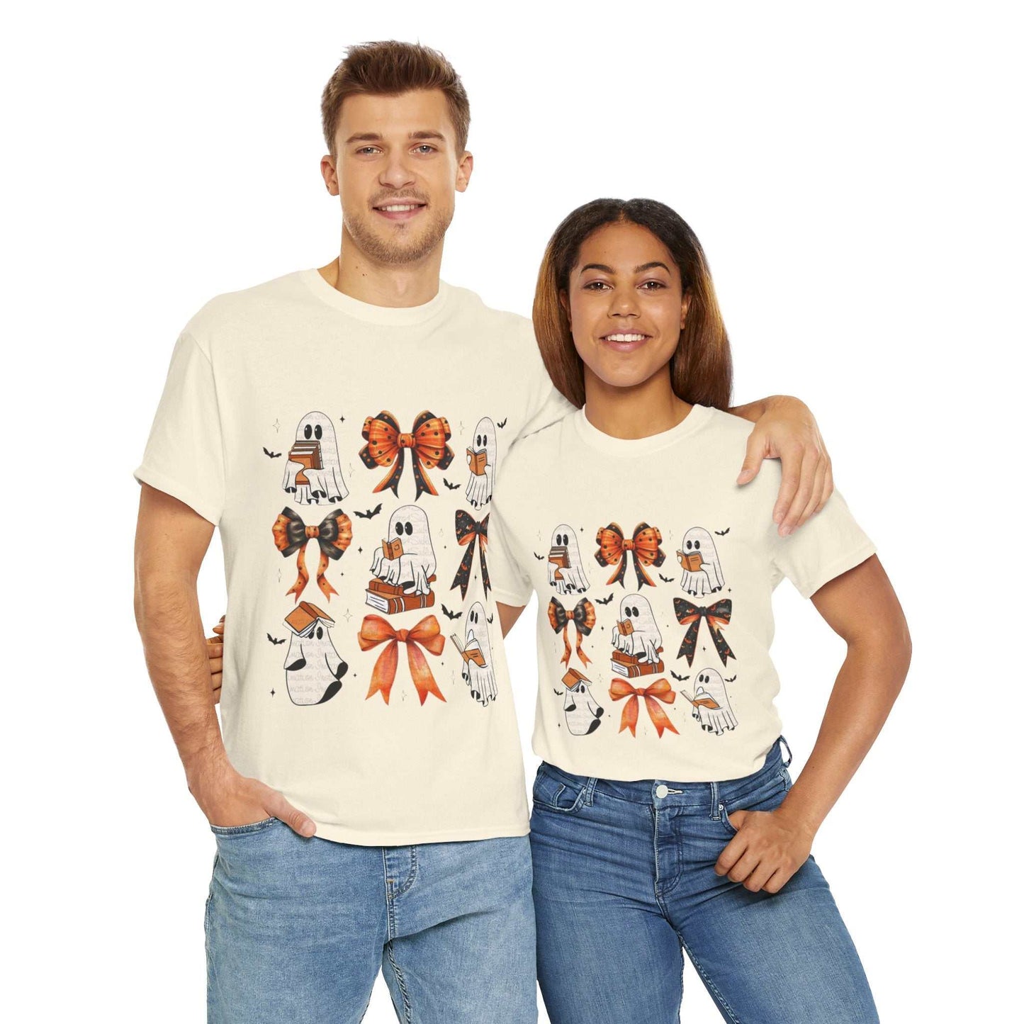 Unisex heavy cotton tee featuring a playful ghost and book design, perfect for Halloween.