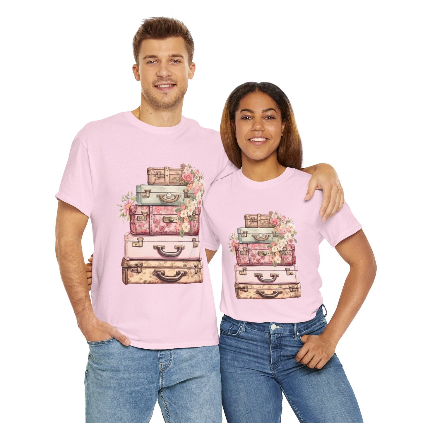 Vintage Floral Suitcase Tee - Unisex Heavy Cotton Tee