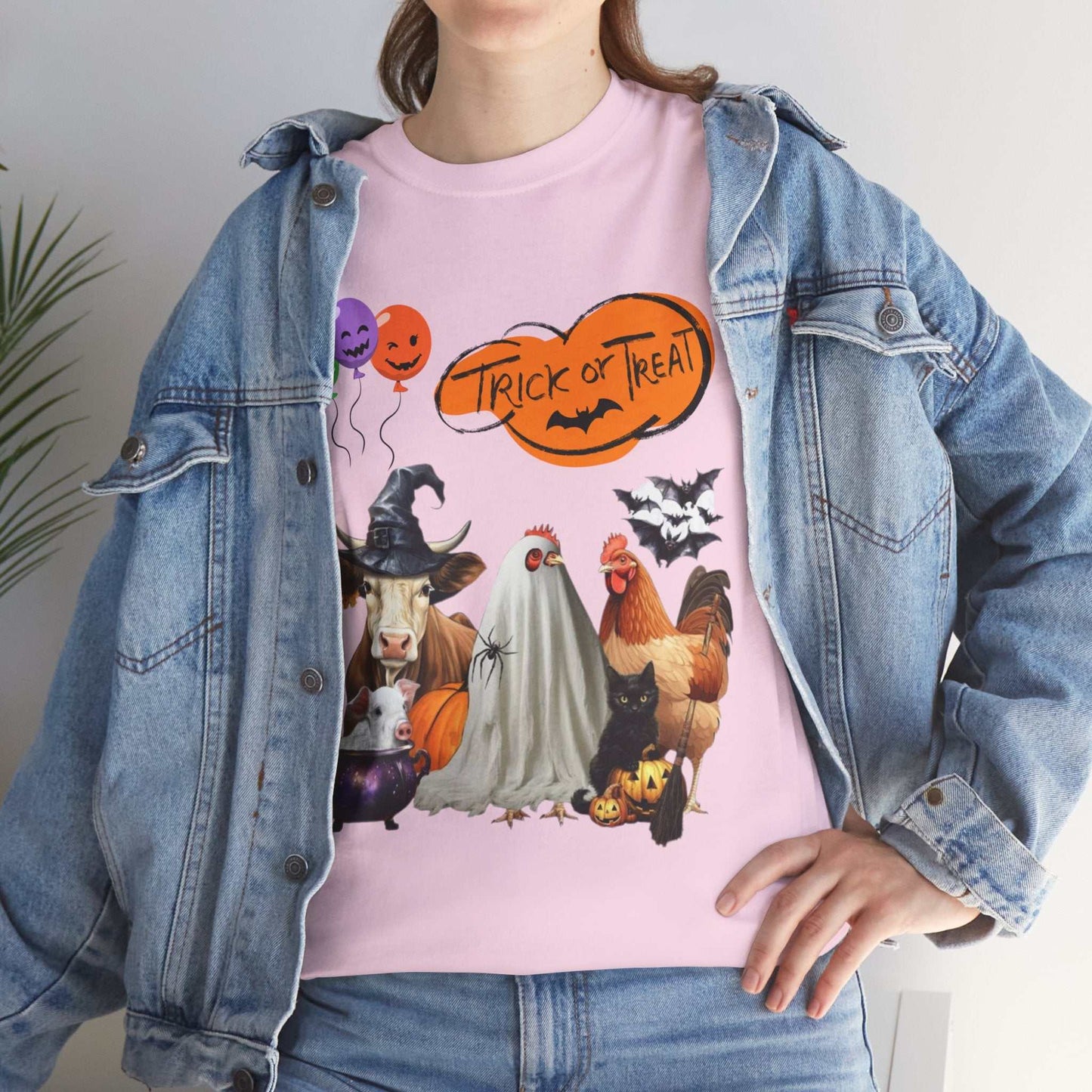 Trick or Treat Halloween Shirt featuring spooky farm animals and Halloween motifs.